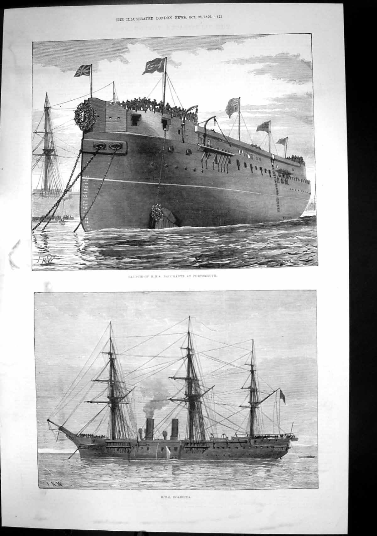 Original Old Antique Print Launch Hms Bacchante Portsmouth Hms Boadicea 1876
