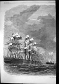 Original Old Antique Print Review Ships Sea Flying Flags 1867 19th