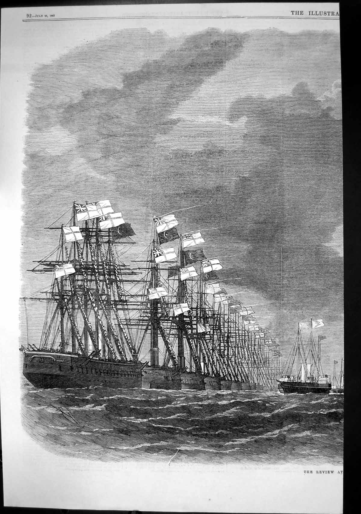 Original Old Antique Print Review Ships Sea Flying Flags 1867 19th