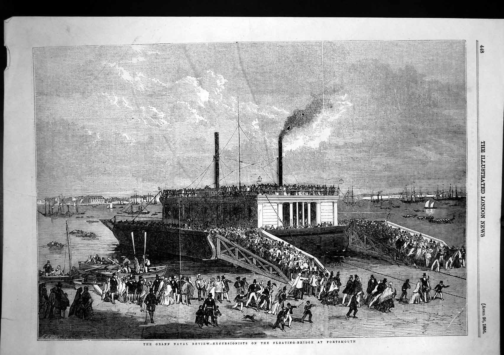 Antique Print Grand Naval Review Excursions Floating Bridge Portsmouth 1856