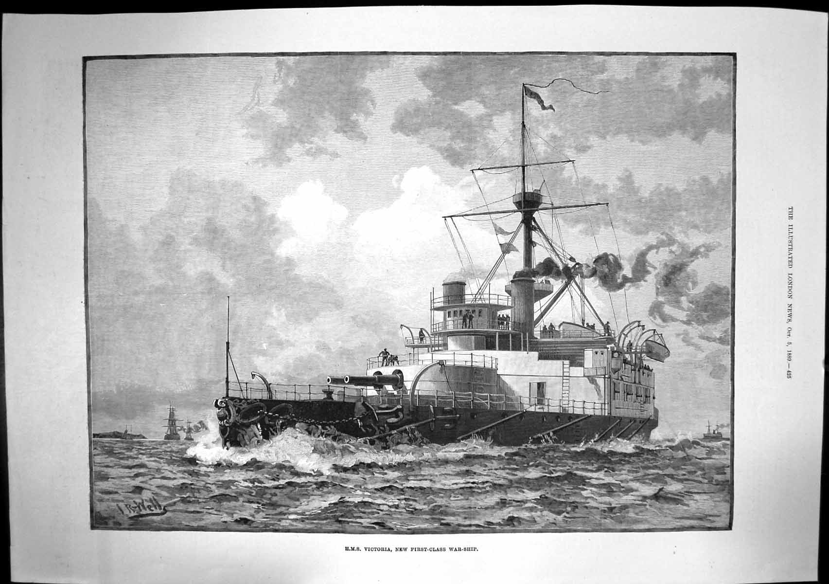 Original Old Antique Print Hms Victoria New First Class War Ship Jr Wells 1889
