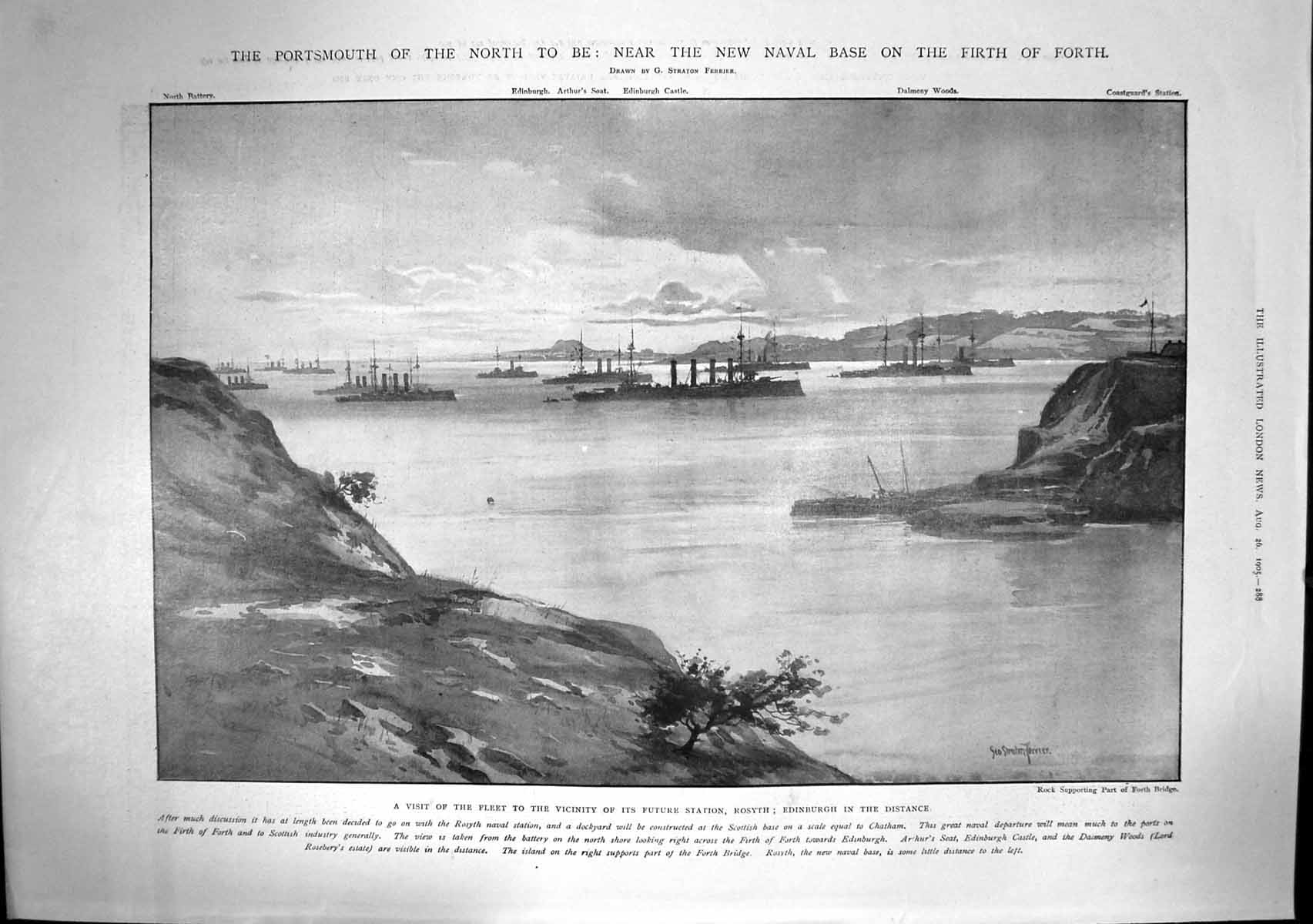 Antique Old Print New Naval Base Firth Forth Rosyth Edinburgh Distance 1905