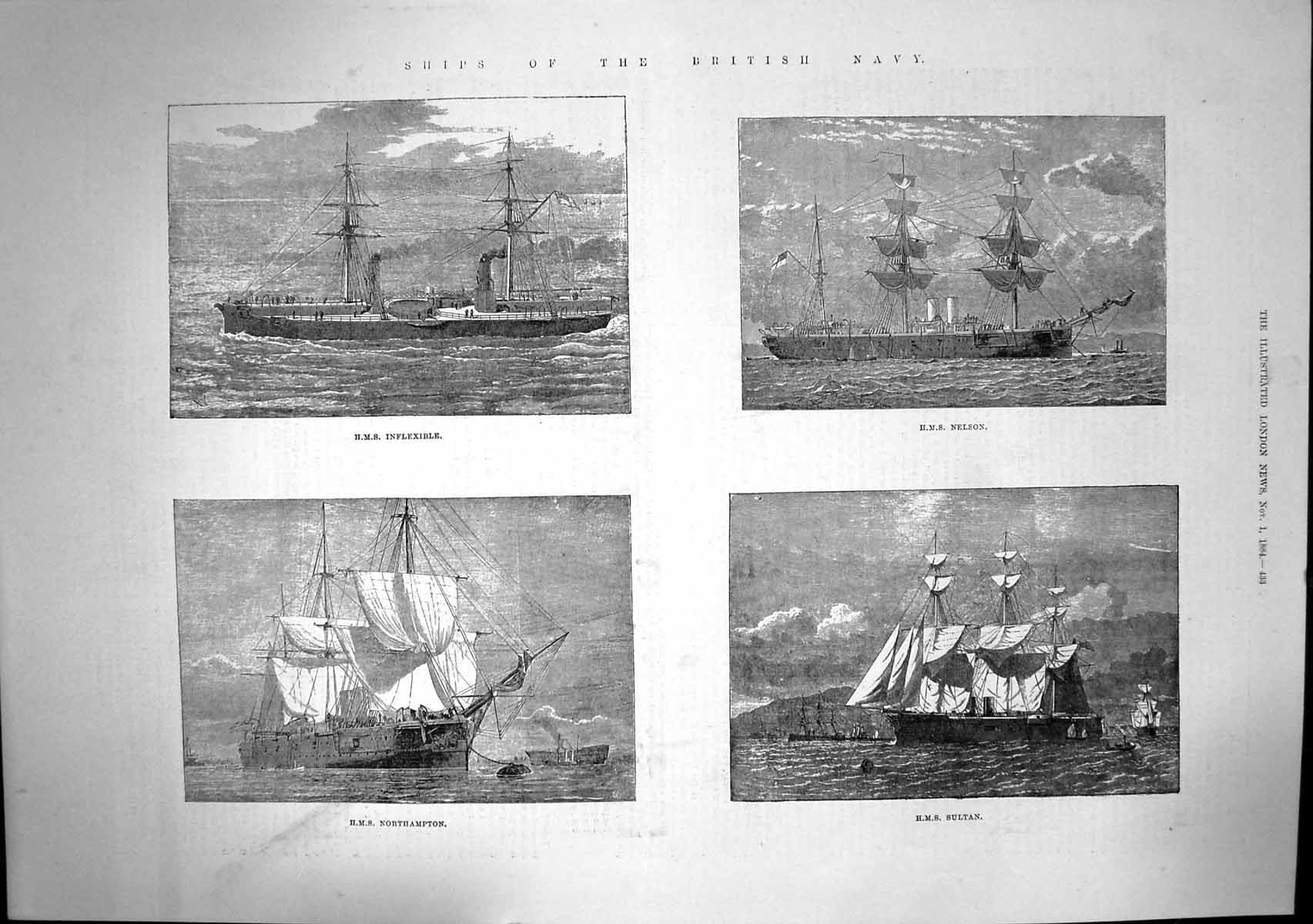 Antique Old Print British Navy Hms Inflexible Nelson Northampton Sultan 1884