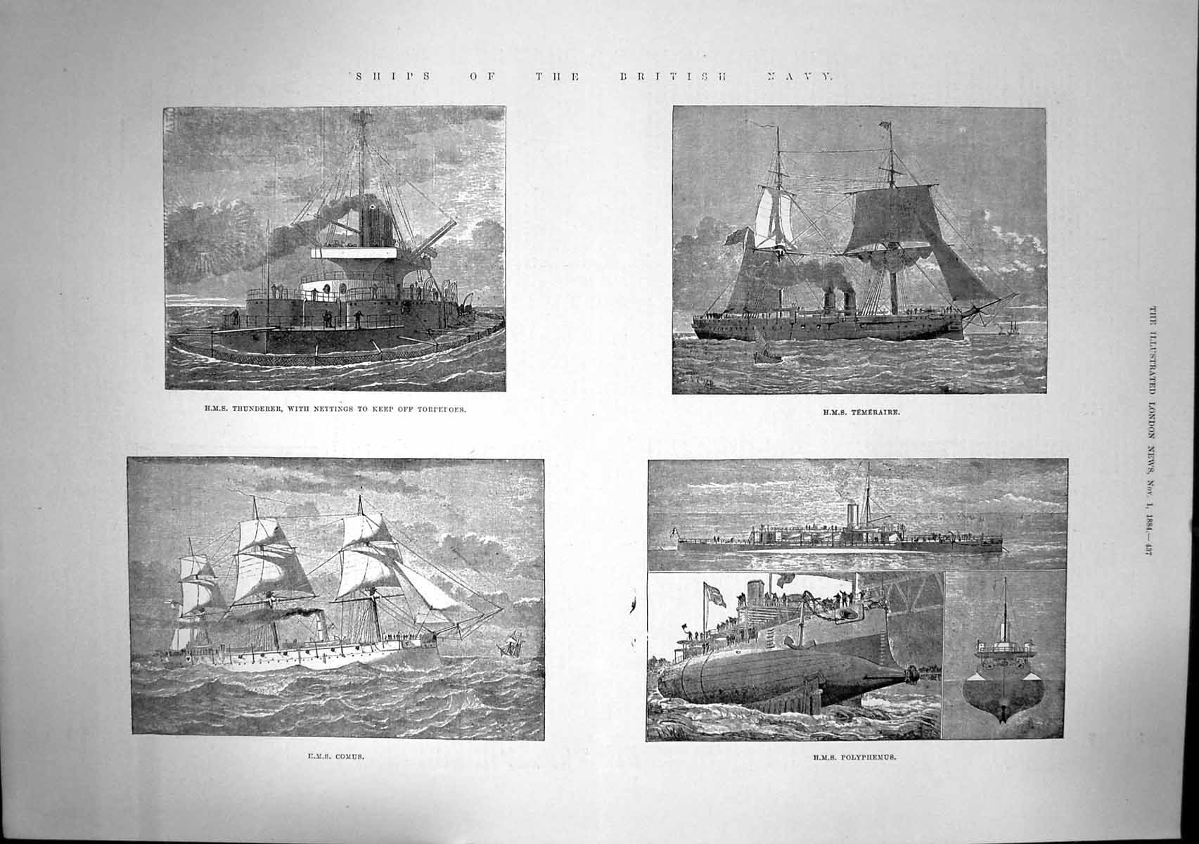 Old Ships British Navy Hms Thunderer Temeraire Comus Polyphemus 1884 Victorian