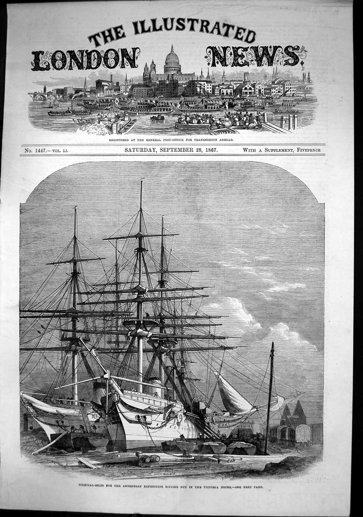 Antique Old Print Hospital Ships Abyssinian Expedition Victoria Docks 1867 19th