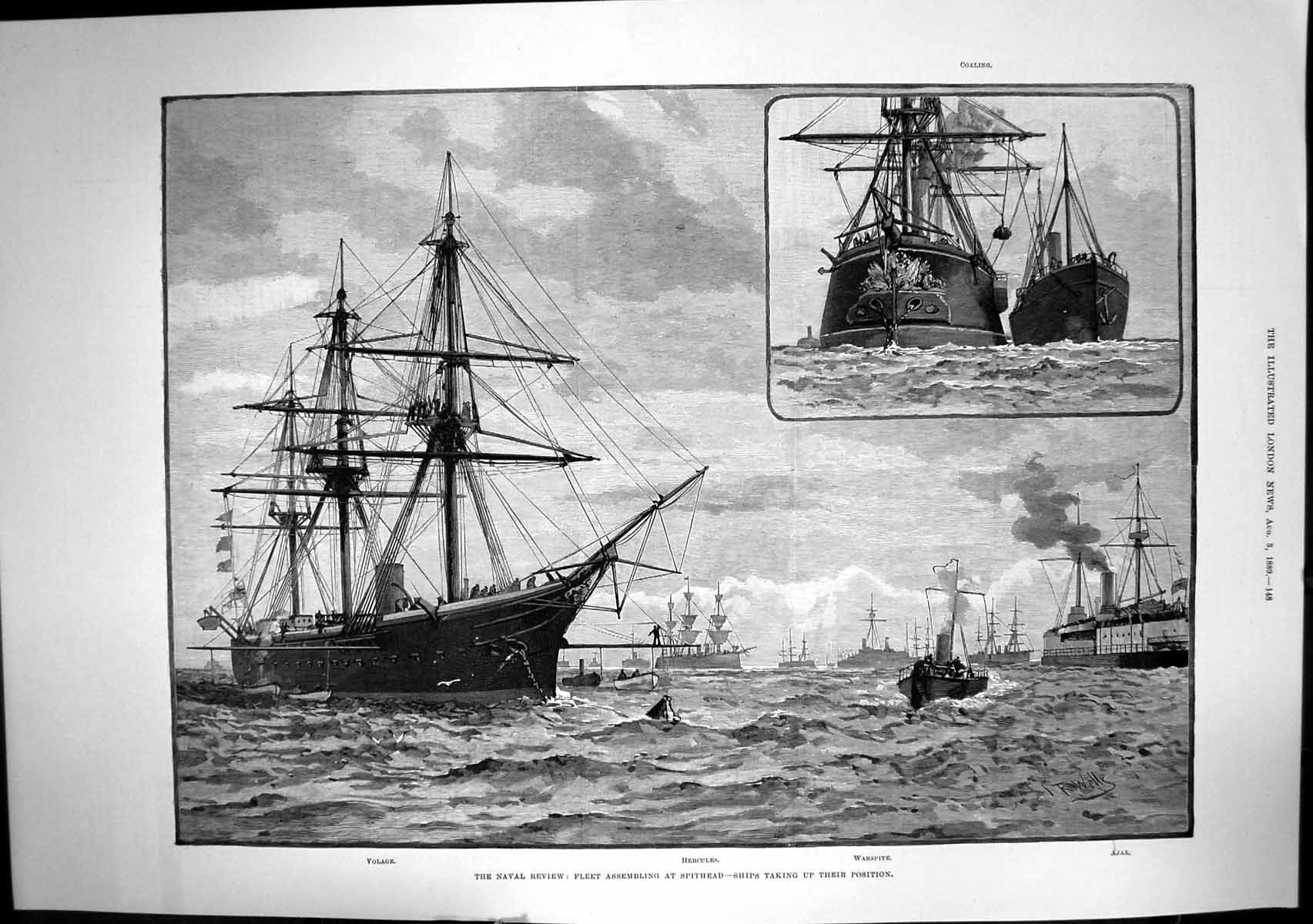 Old Naval Review Fleet Assembling Spithead Volage Hercules Ajax 1889 Victorian