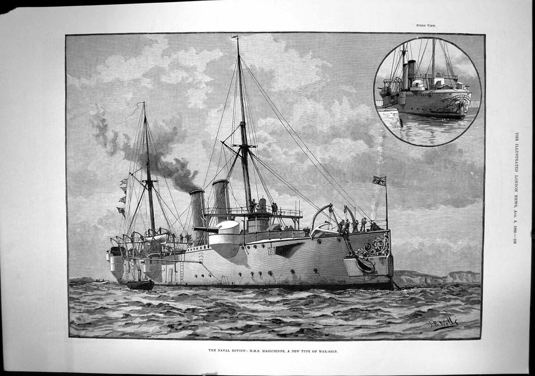 Antique Print Naval Review New Type War Ship Hms Magicienne Stern View 1889