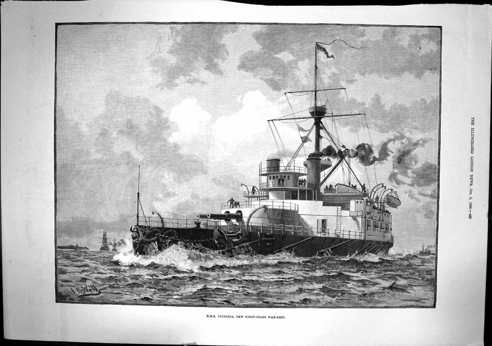 Original Old Antique Print New First Class War Ship Hms Victoria J R Wells 1889