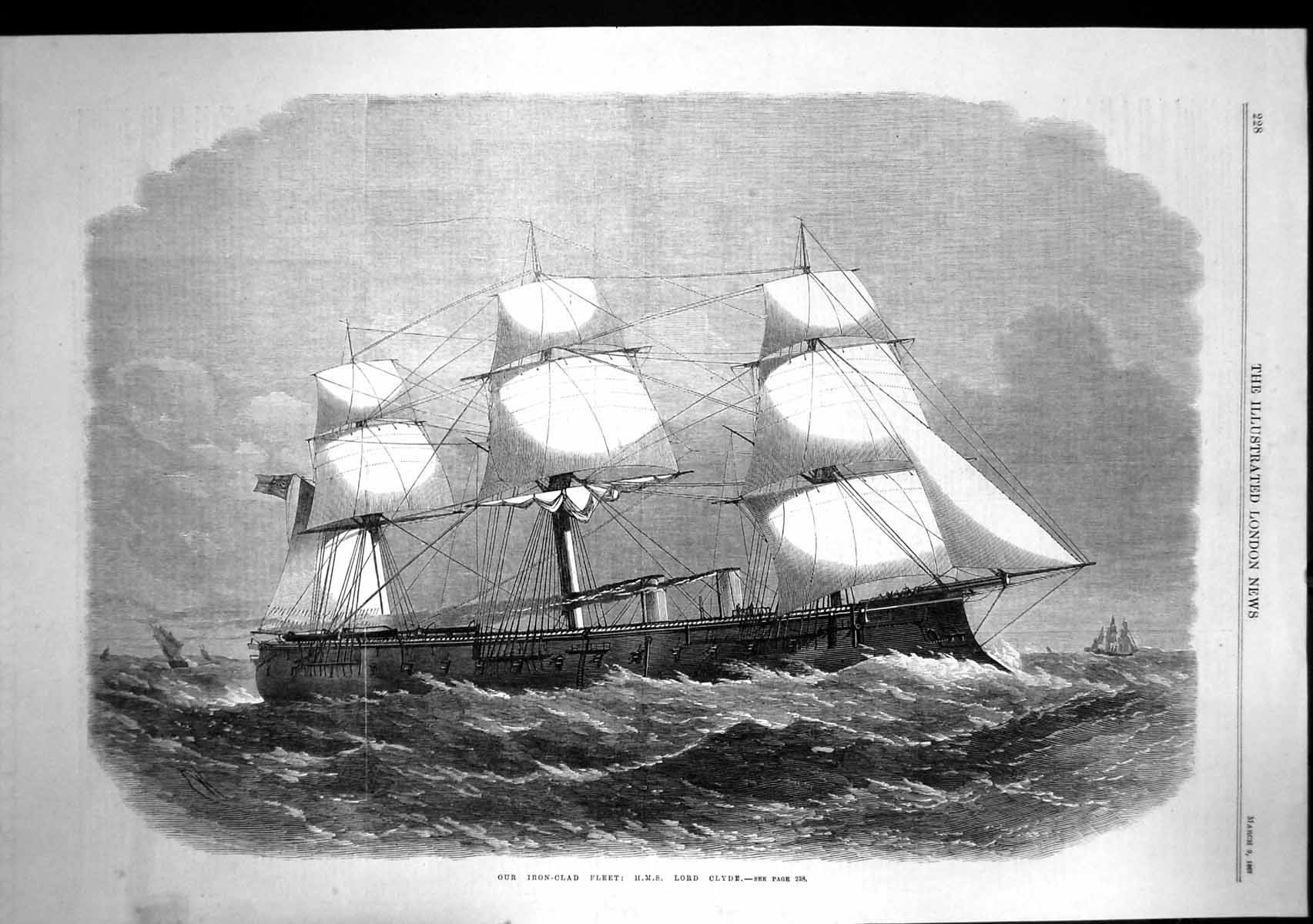 Original Old Antique Print British Iron Clad Fleet Hms Lord Clyde 1867 19th