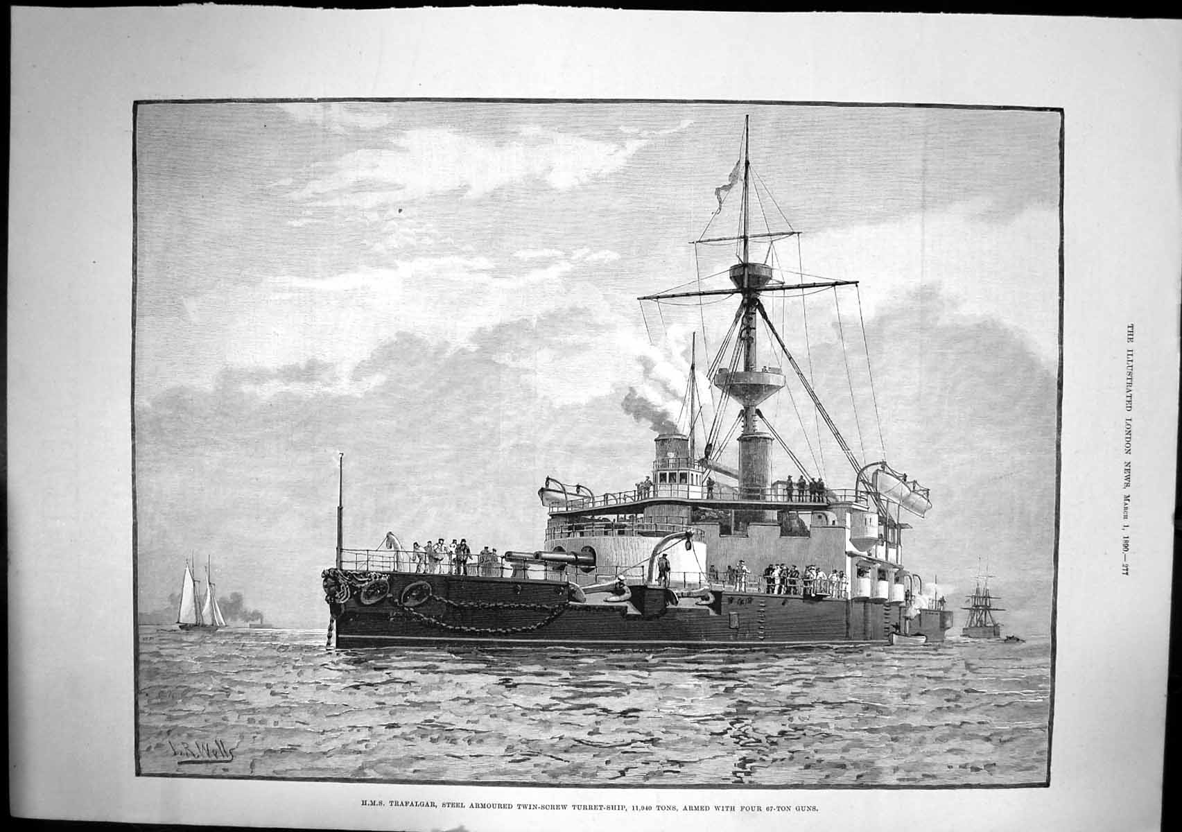 Antique Old Print Hms Trafalgar Steel Armoured Twin Screw Turret Ship 1890 19th
