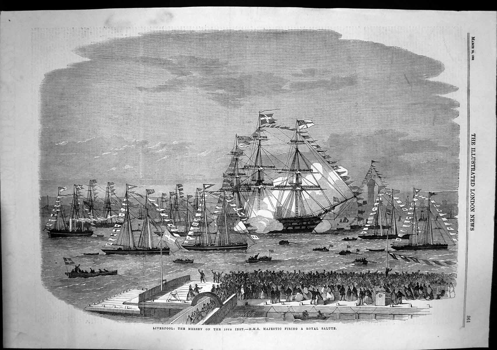 Old Antique Print Liverpool Mersey Hms Majestic Firing Royal Salute 1863 19th