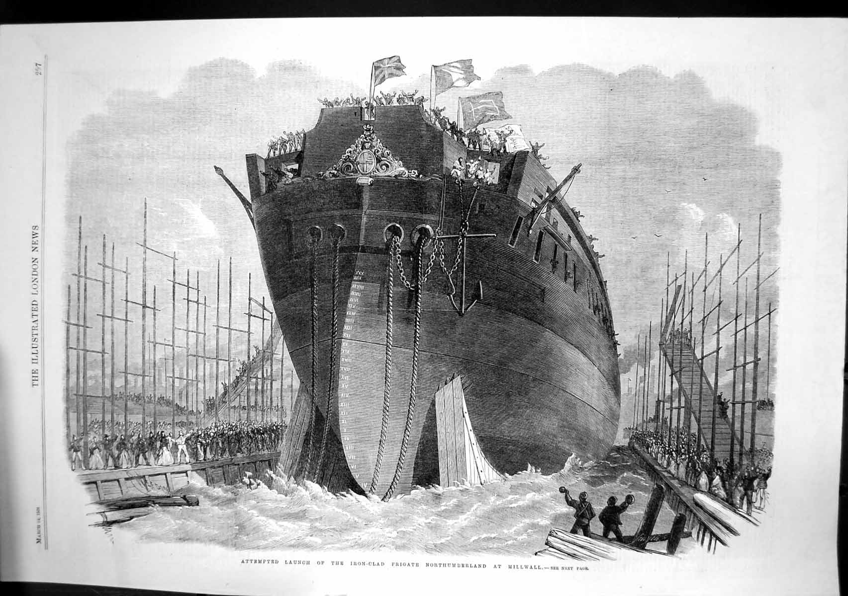 Old Print Attempted Launch Iron Clad Frigate Northumberland Millwall 1866 19th
