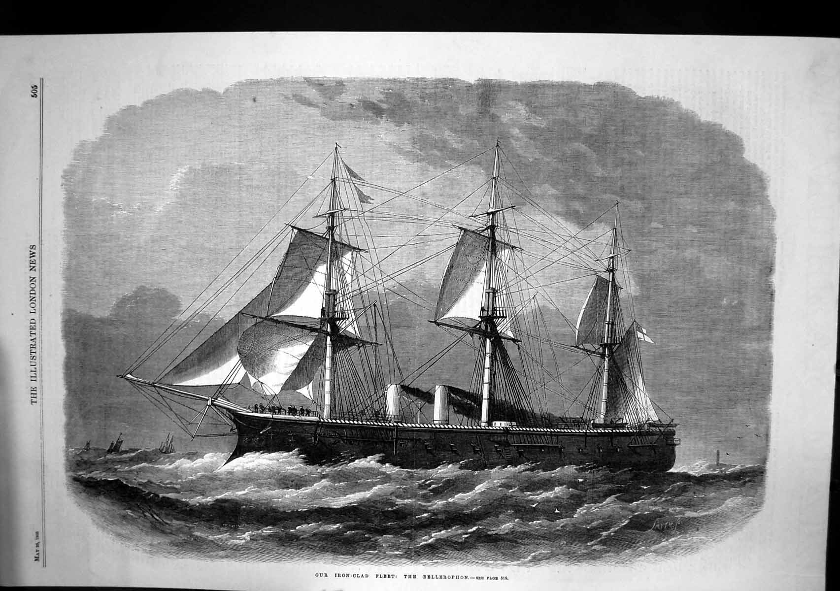 Original Old Antique Print British Iron Clad Fleet Bellerophon 1866 Victorian