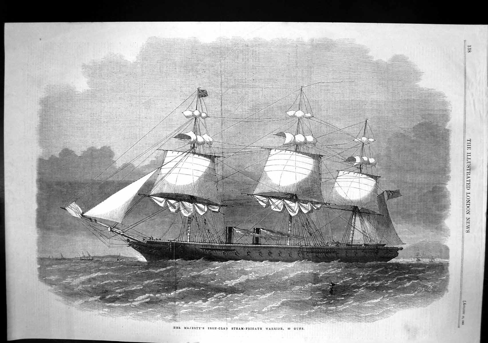 Antique Old Print Her Majestys Iron Clad Steam Frigate Warrior 40 Guns 1861