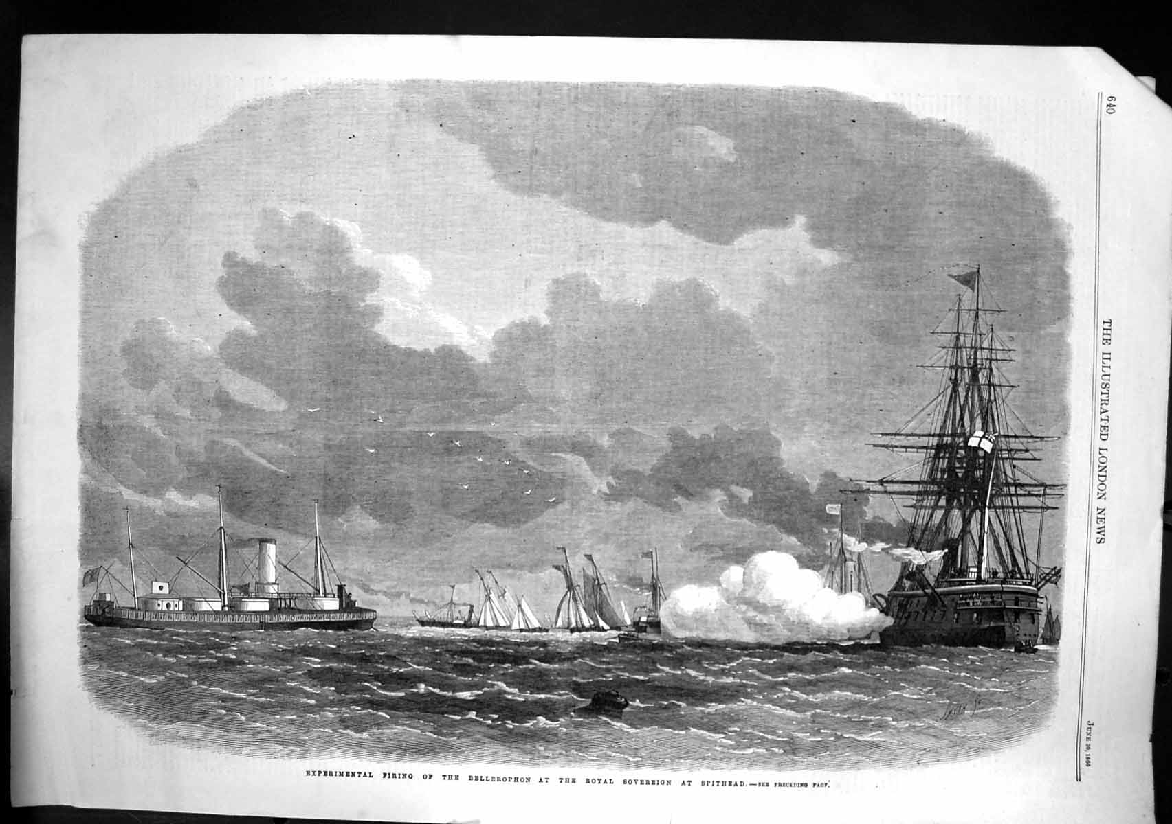 Antique Print Experimental Firing Bellerophon Royal Sovereign Spithead 1866
