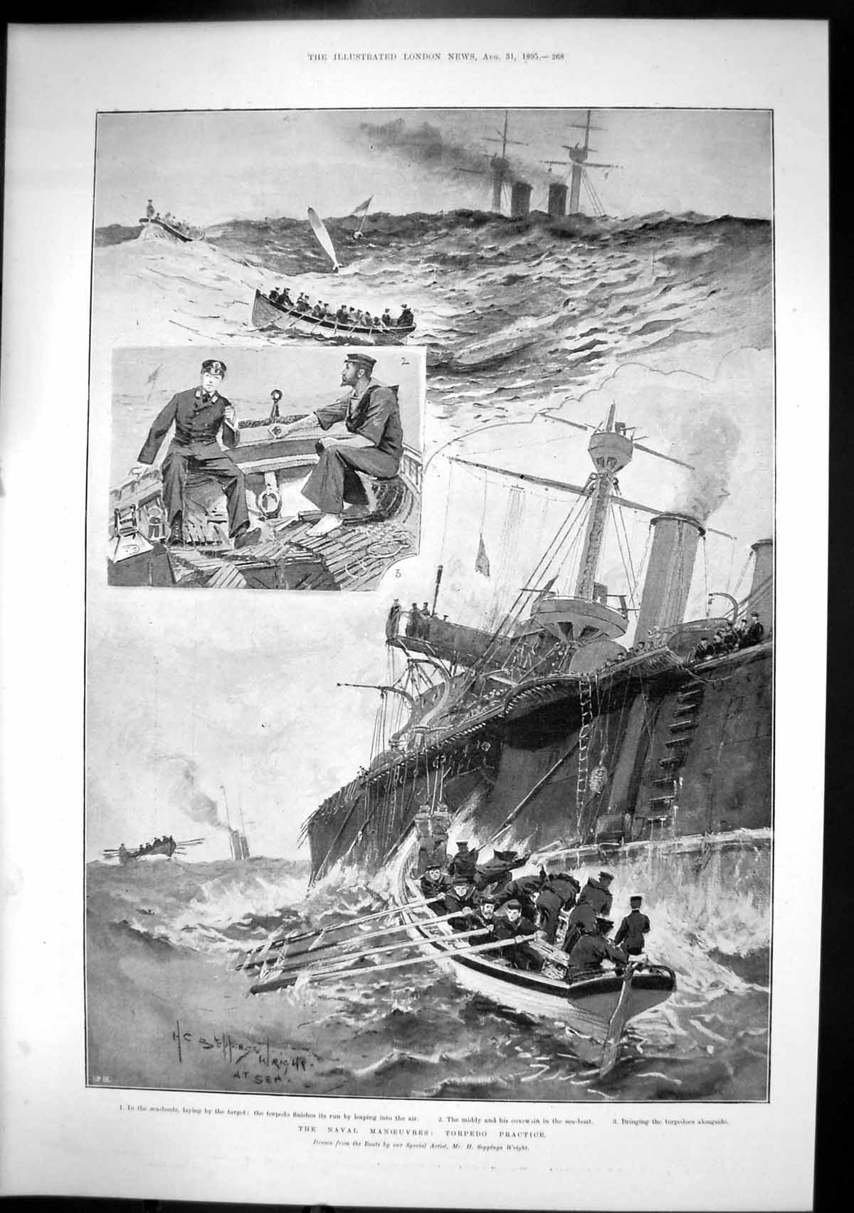 Antique Print Naval Manoeuvres Torpedo Practice Leaping Air Sea Boats 1895 19th