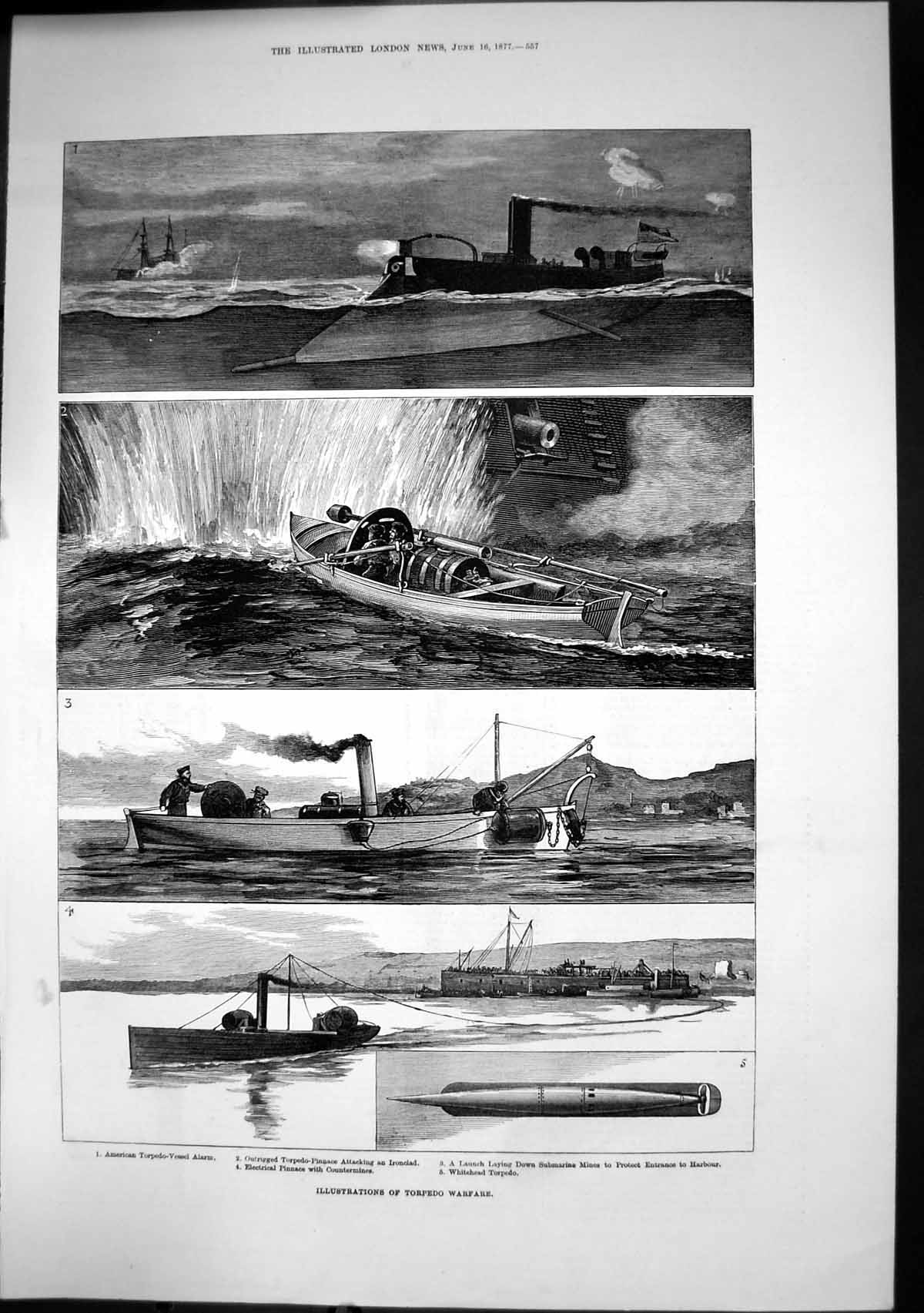 Antique Old Print Torpedo Warfare Launch Laying Submarine Mines Harbour 1877