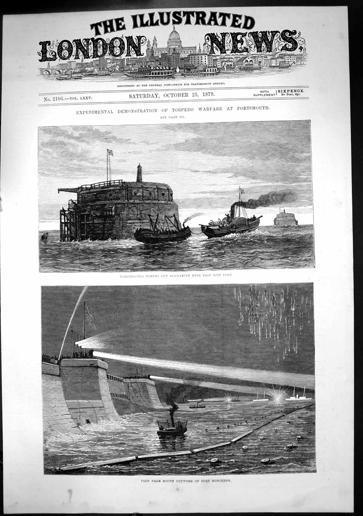 Antique Old Print Experimental Demonstration Torpedo Warfare Portsmouth 1879