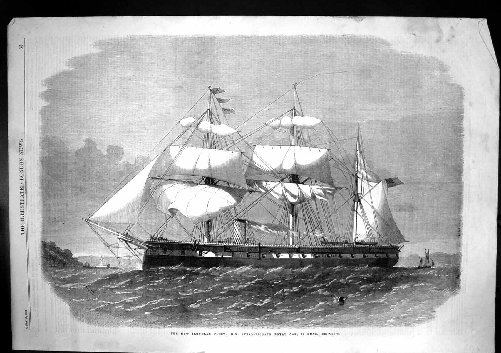 Antique Old Print Hm Steam Frigate Royal Oak 32 Guns New Iron Clad Fleet 1863