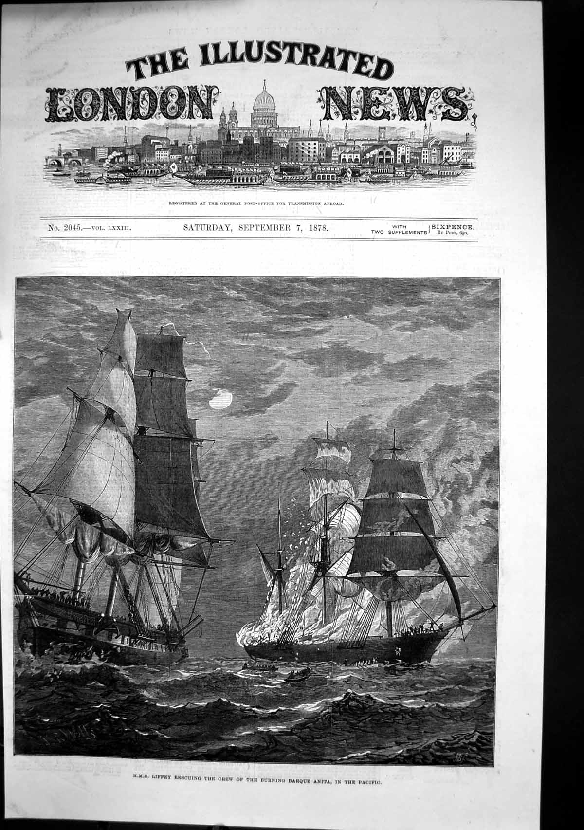 Antique Old Print Hms Liffey Rescuing Crew Burning Barque Anita Pacific 1878