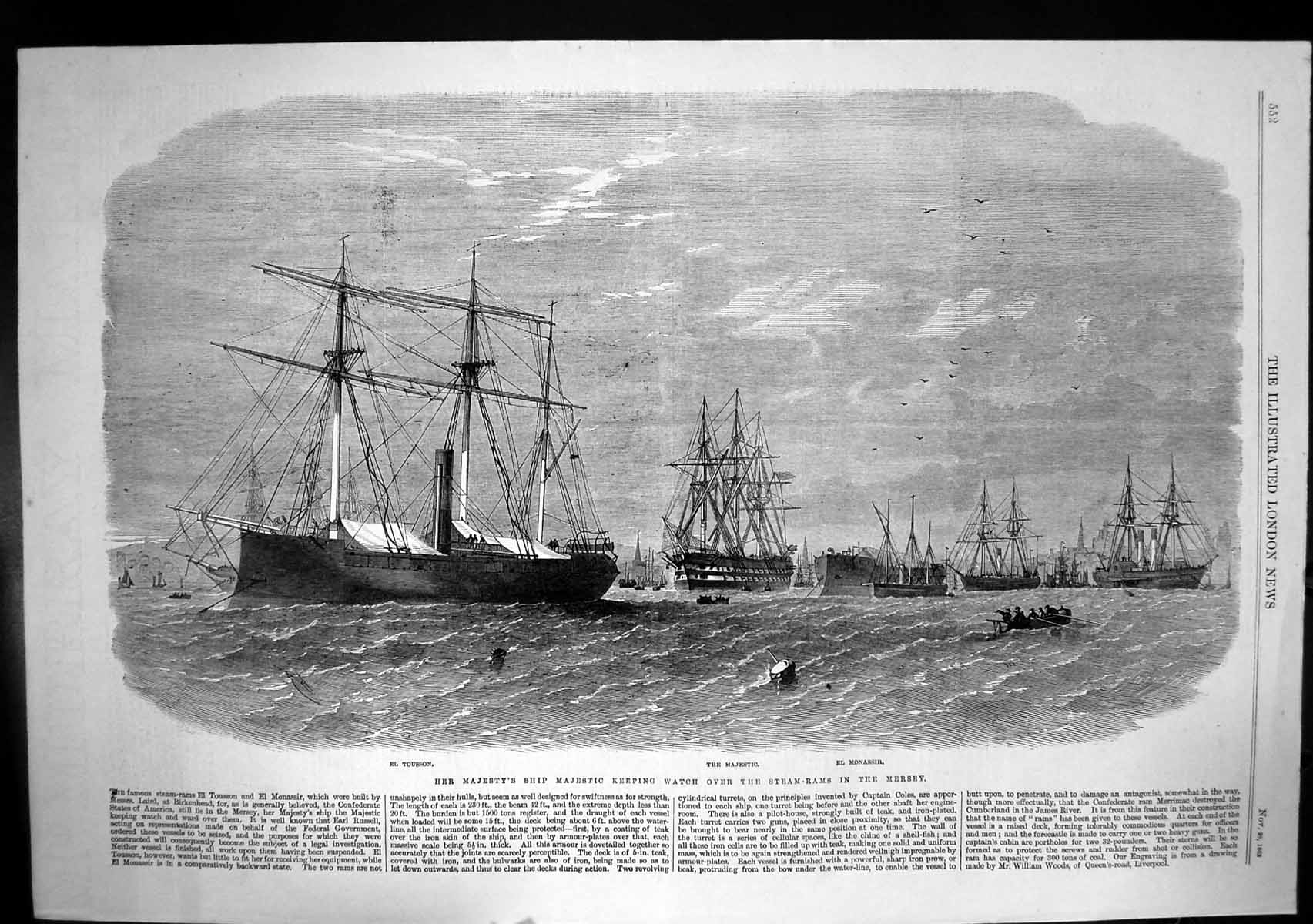 Antique Old Print Hm Ship Majestic Watch Steam Rams Mersey El Monassir 1863