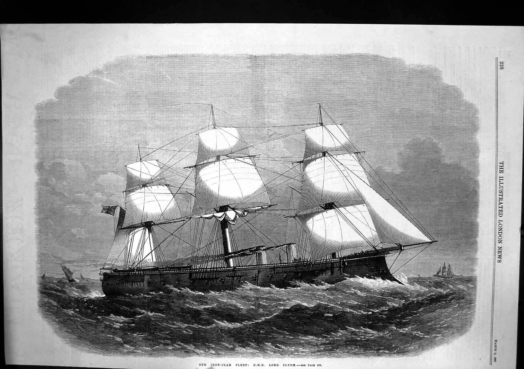 Original Old Antique Print British Iron Clad Fleet Hms Lord Clyde At Sea 1867