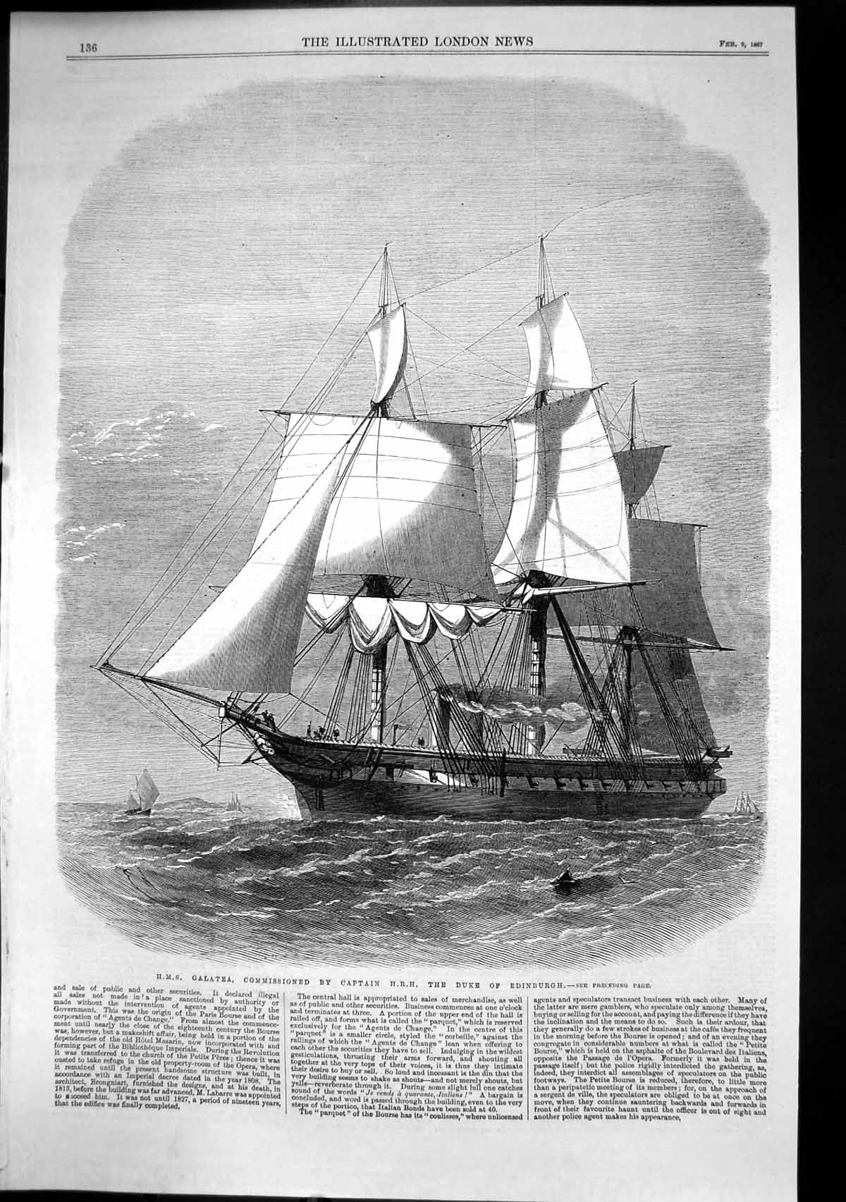 Antique Old Print Hms Galatea Commissioned Captain Hrh Duke Edinburgh 1867 19th