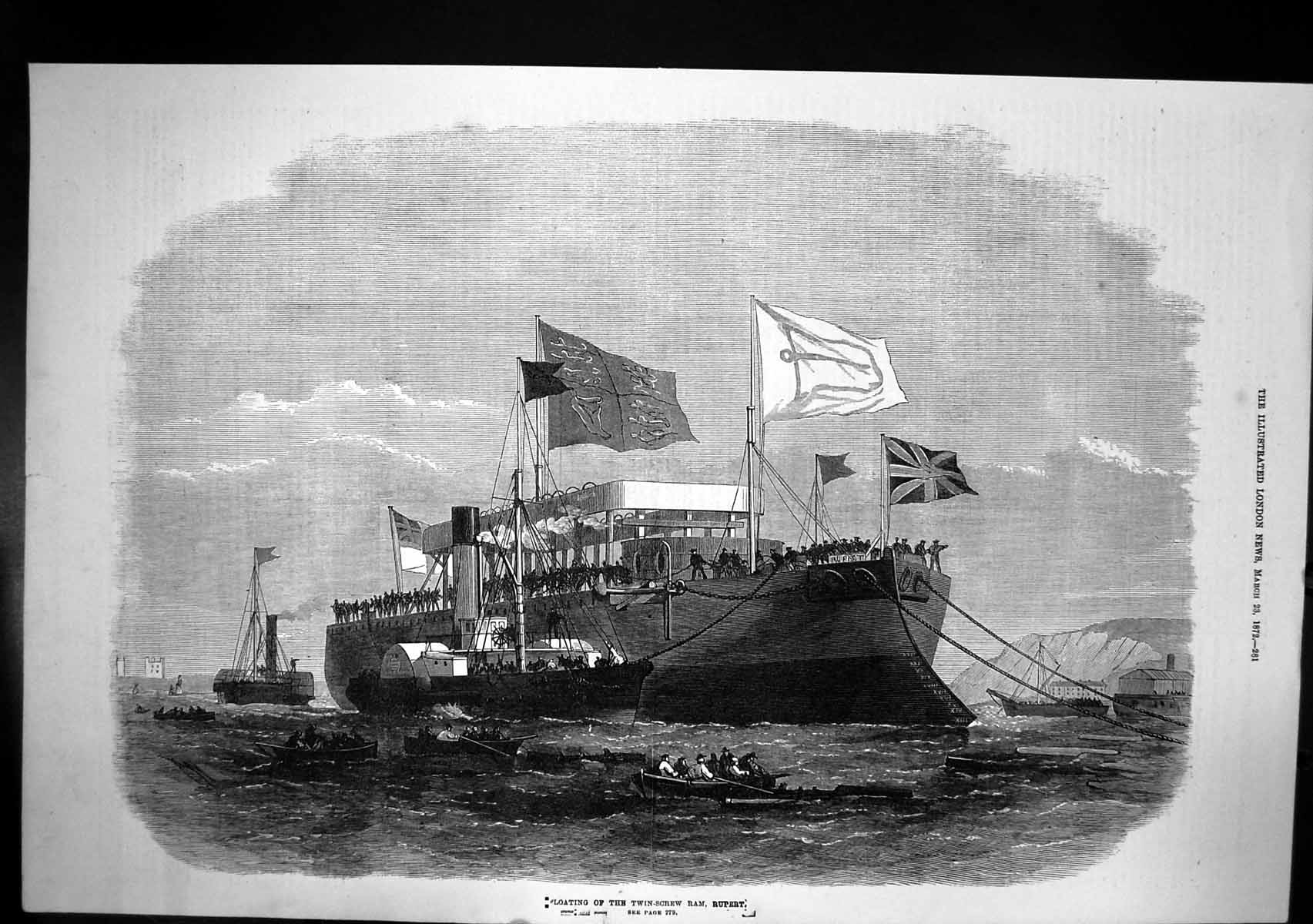 Antique Old Print Floating Twin Screw Ram Rupert Escorted Small Boats 1872 19th