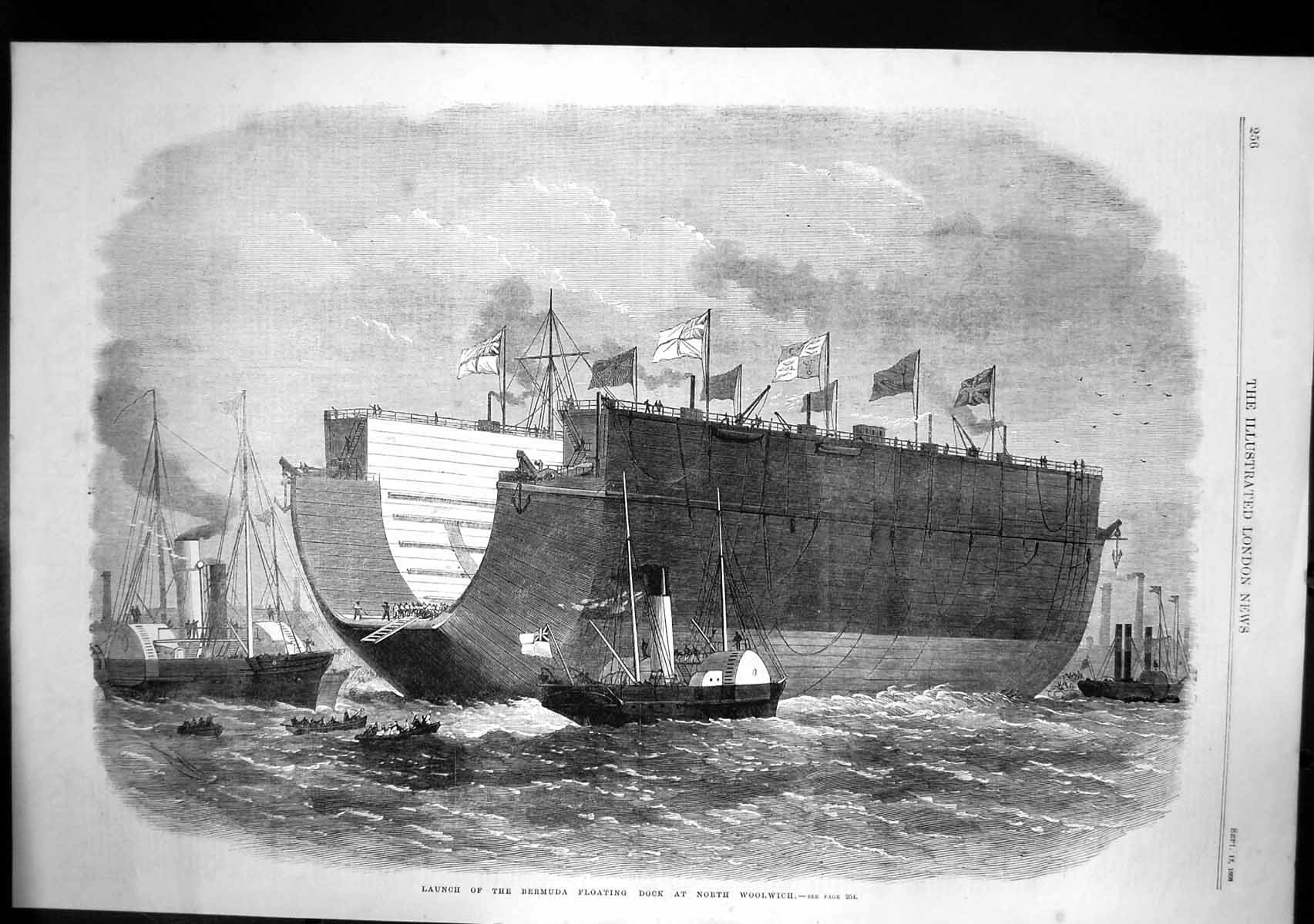 Original Old Antique Print Launch Bermuda Floating Dock North Woolwich 1868