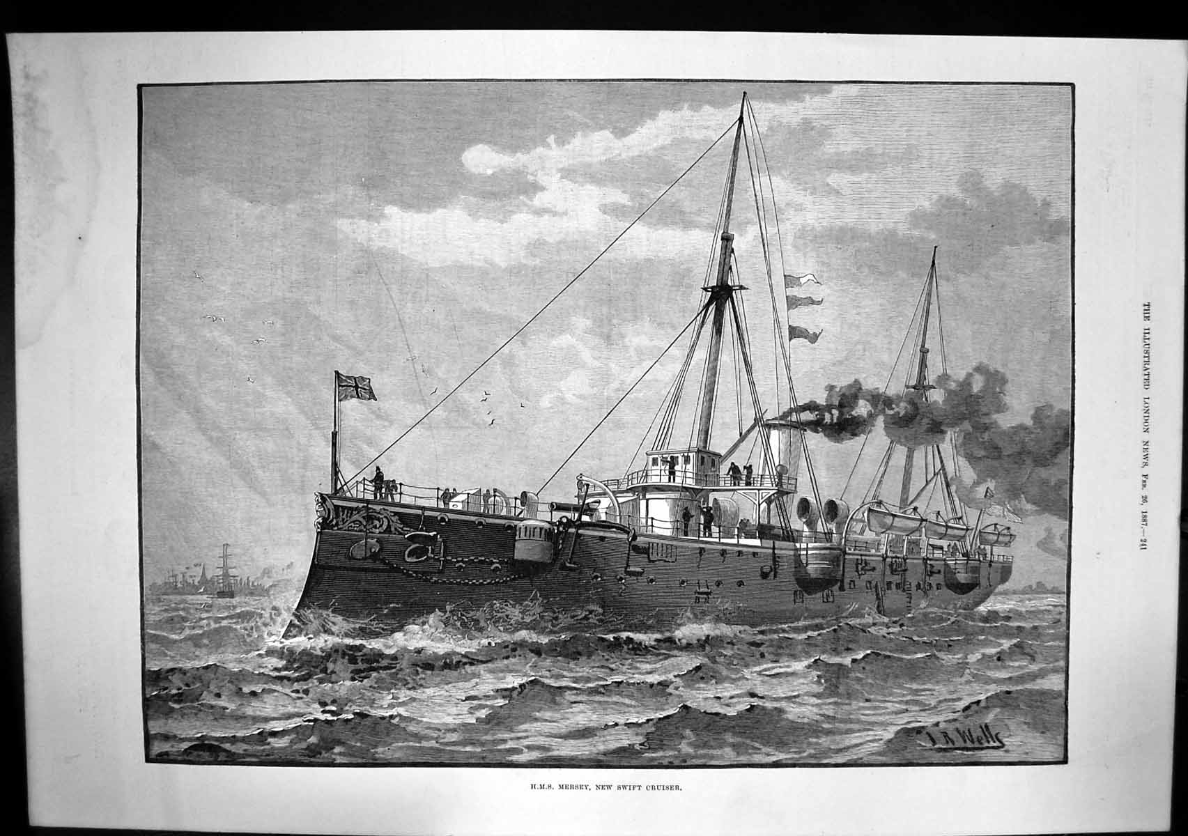 Old Print Hms Mersey New Swift Cruiser Built Royal Dockyard Chatham 1887 19th
