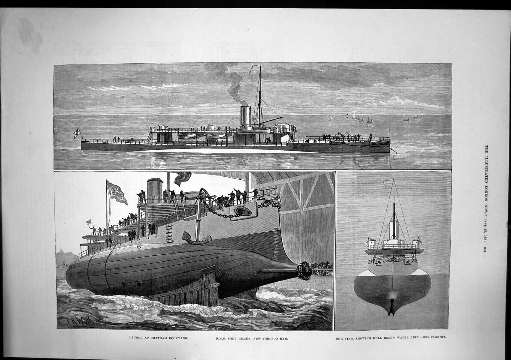 Antique Old Print Launch Chatham Dockyard Hms Polyphemus New Torpedo Ram 1881