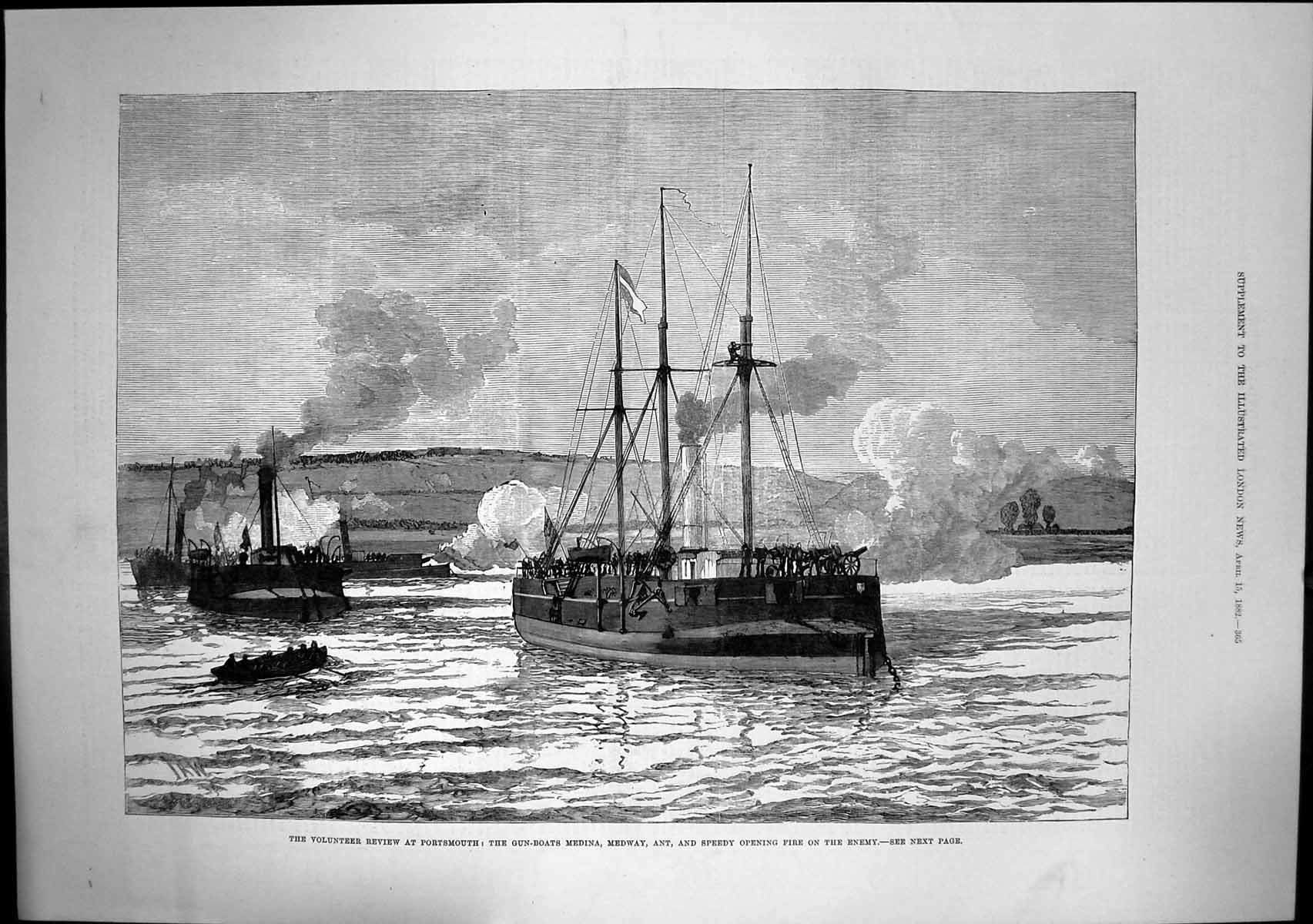 Antique Print Volunteer Review Portsmouth Gun Boats Fire Enemy Medina 1882 19th