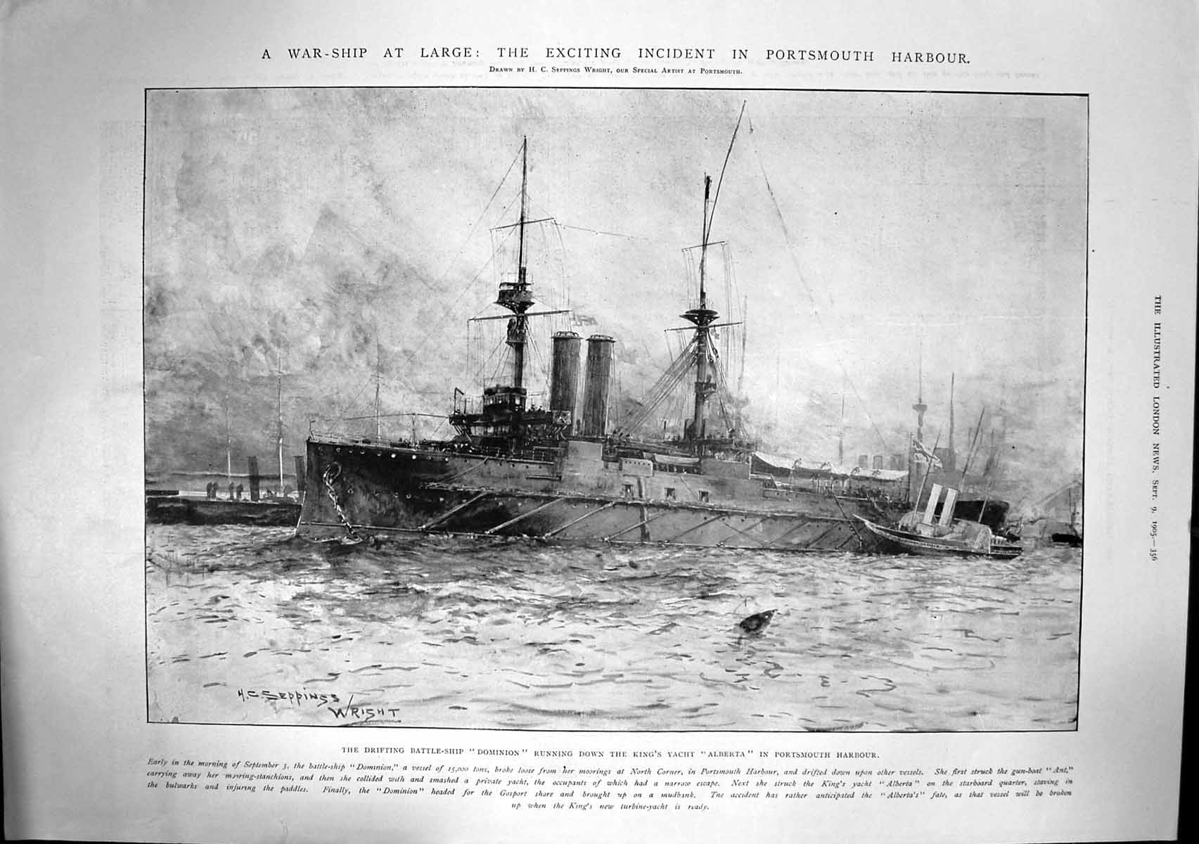 Antique Old Print Battle Ship Dominion Running Down Kings Yacht Alberta 1905