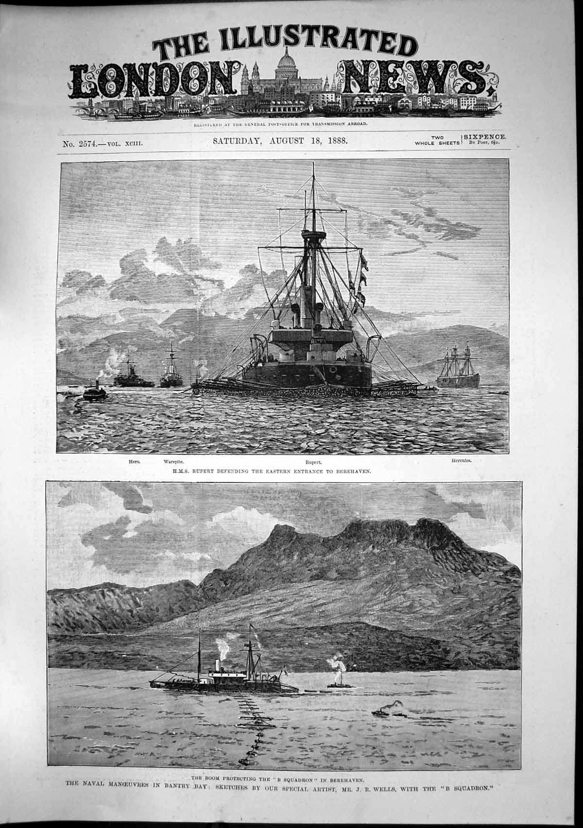 Antique Old Print Naval Manoeuvres Bantry Bay Hms Rupert Boom Protecting 1888