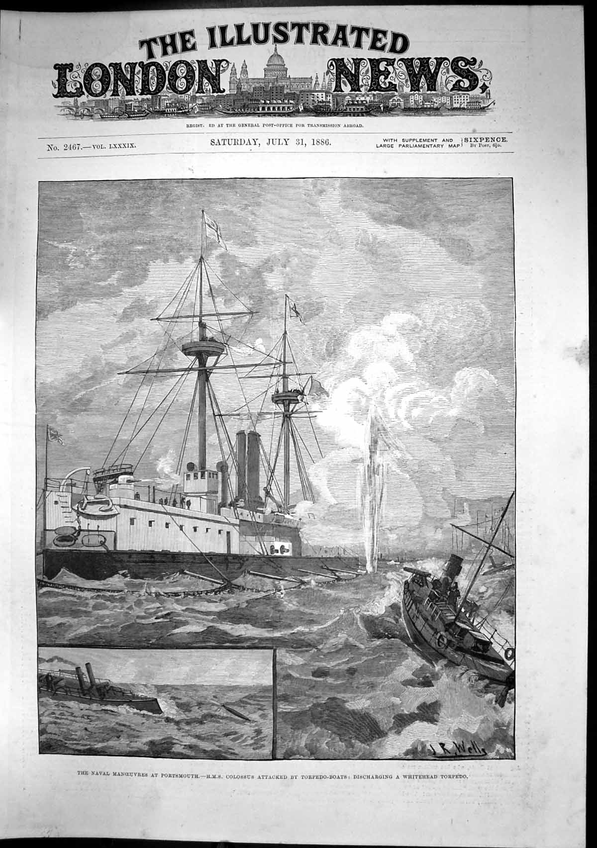 Old Print Naval Manoeuvres Portsmouth Hms Colossus Attacked Torpedo 1886 19th