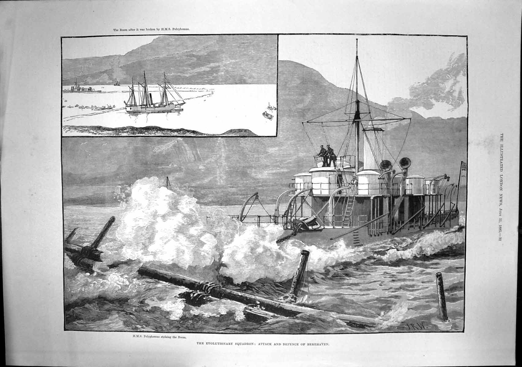Old Print Evolutionary Squadron Attack Defence Berehaven Polyphemus 1885 19th