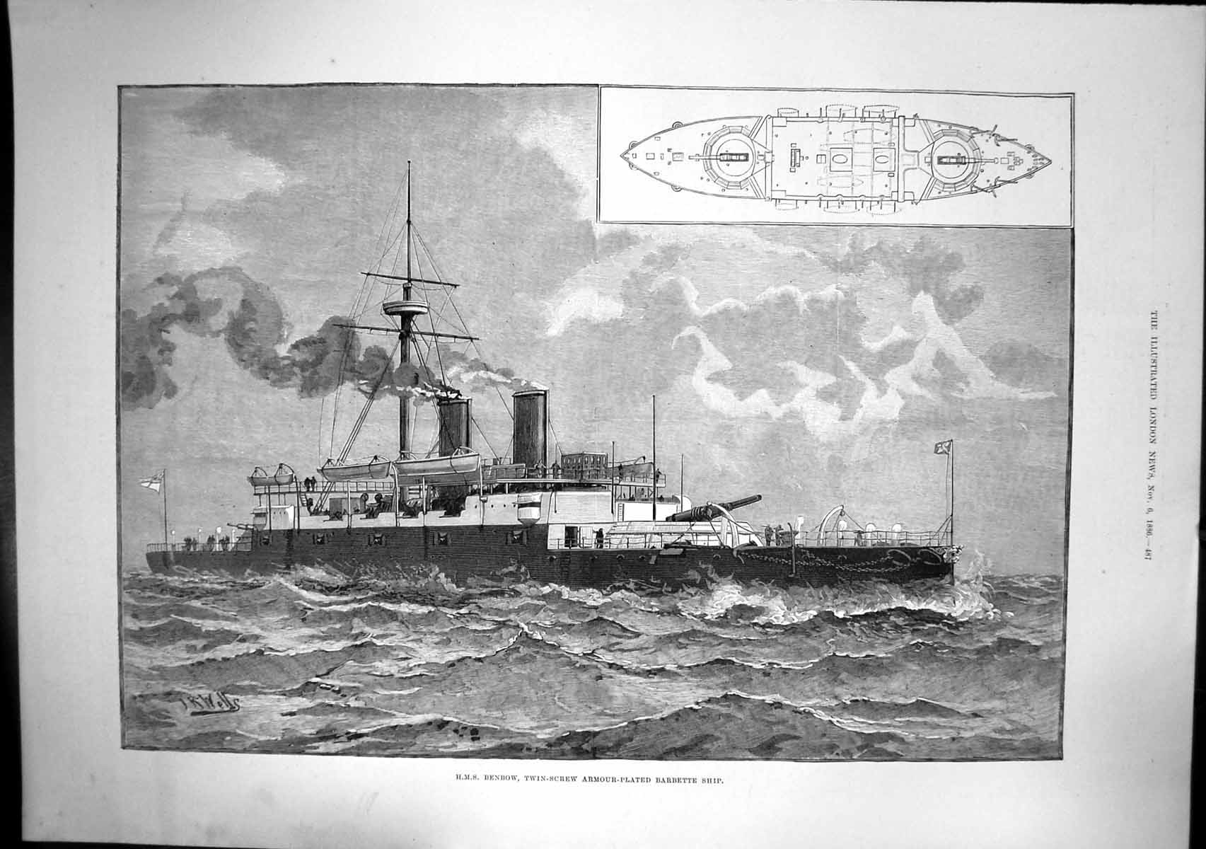 Old Antique Print Hms Benbow Twin Screw Armour Plated Barbette Ship 1886 19th