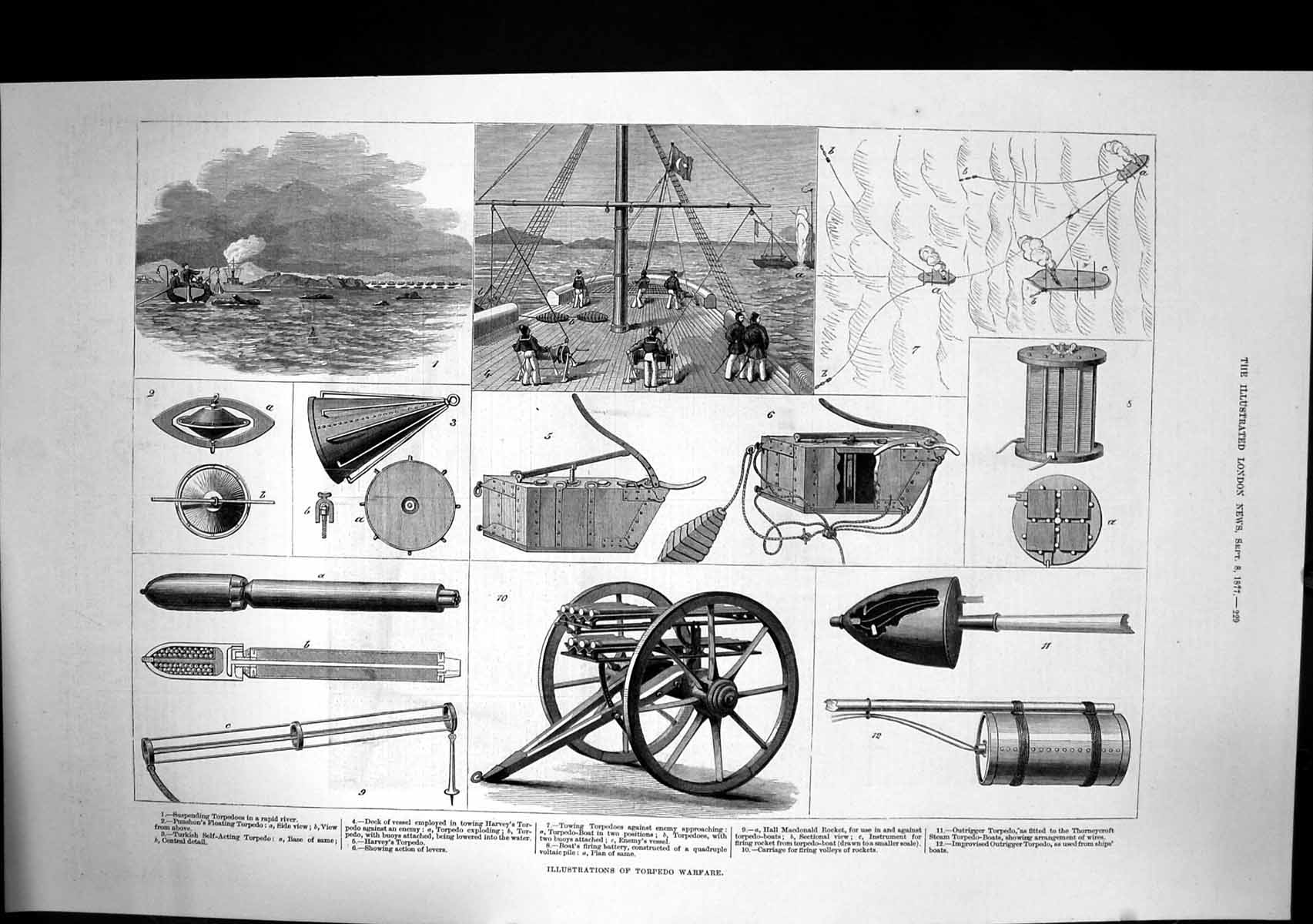 Antique Old Print Torpedo Warfare Harveys Torpedo Boats Firing Battery 1877