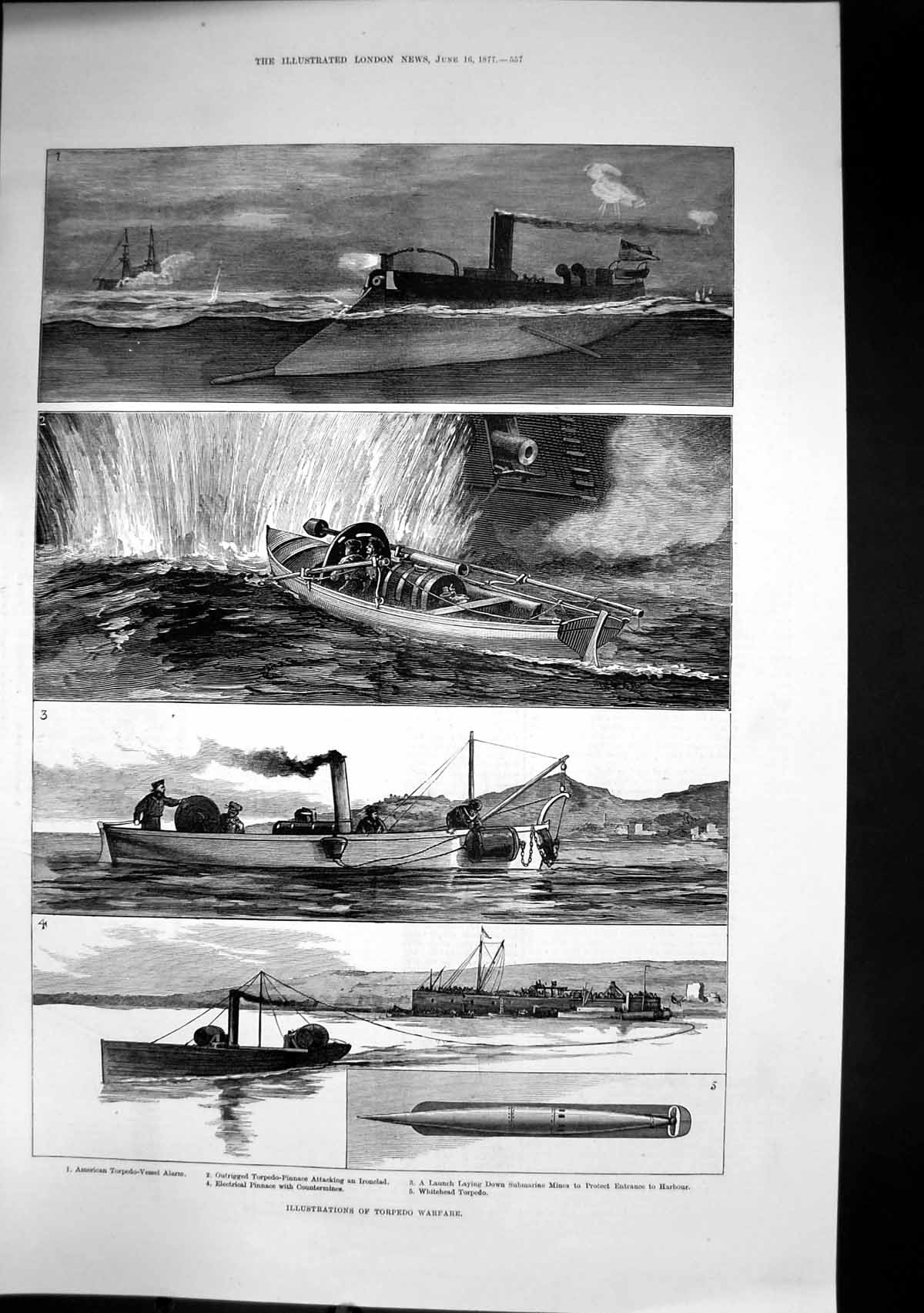 Old Torpedo Warfare Outrigged Torpedo Pinnace Attacking Ironclad1877 Victorian