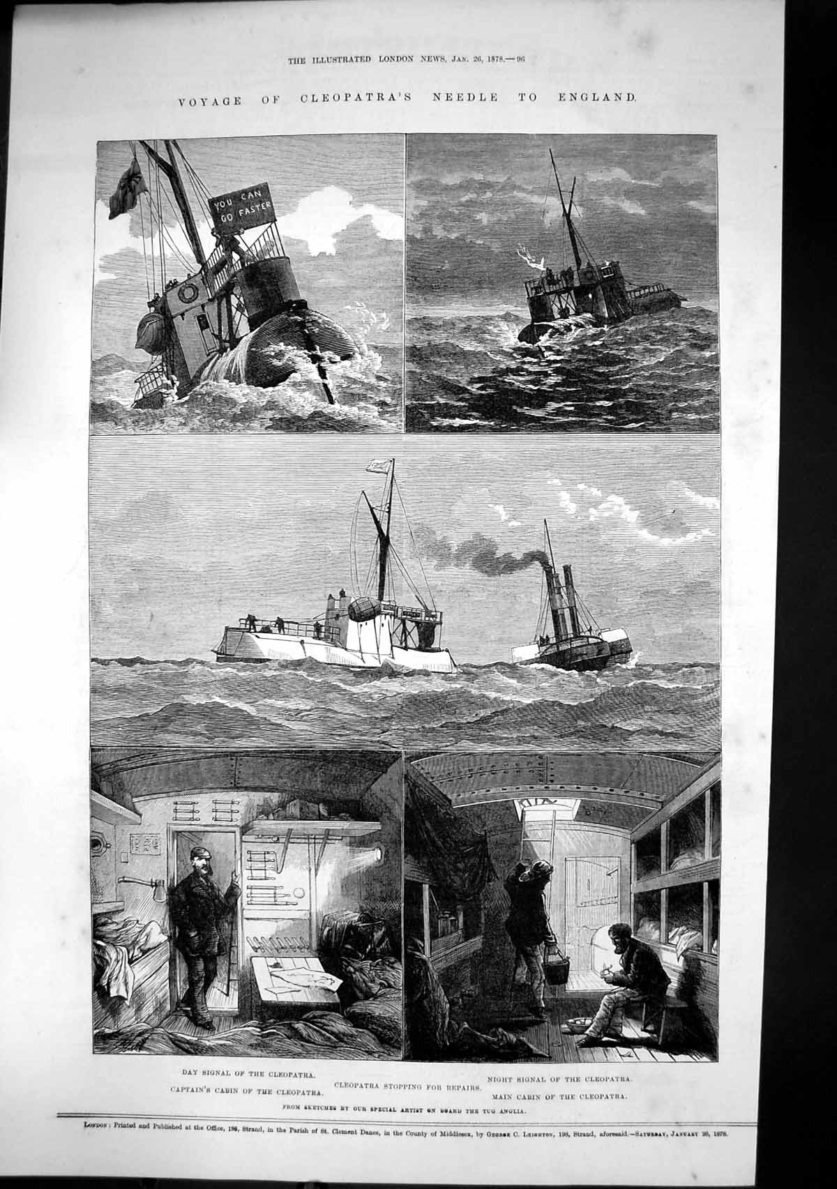 Old Print Voyage Cleopatras Needle England Stopping Repairs Signals 1878 19th
