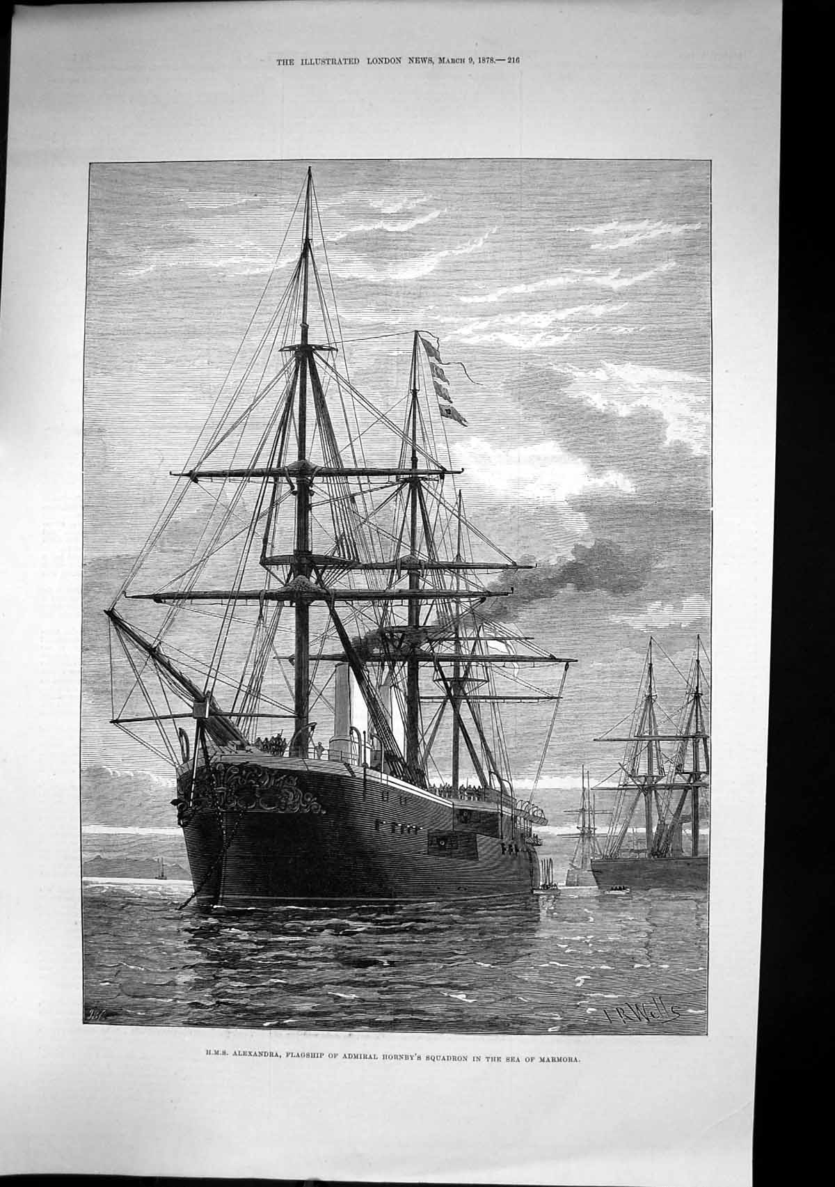 Old Print Hms Alexandra Admiral Hornbys Squadron Sea Marmora J Wells 1878 19th