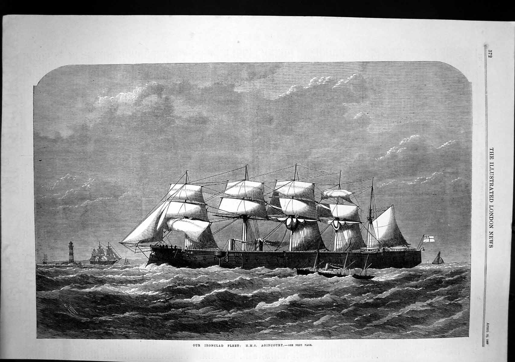 Old British Iron Clad Fleet Hms Agincourt Sea Passing Lighthouse 1867 Victorian