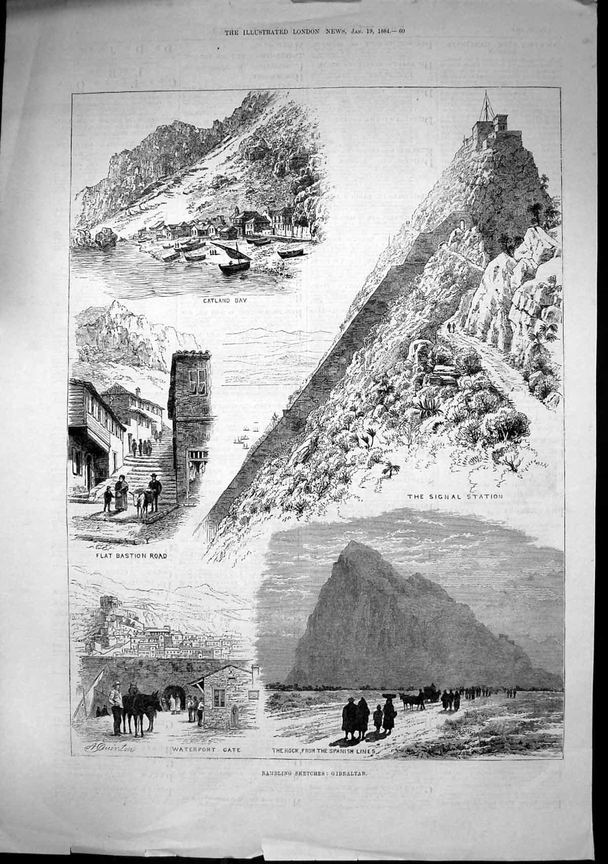 Old Antique Print Sketches Gibraltar Waterport Gate Catland Bay Rock 1884 19th