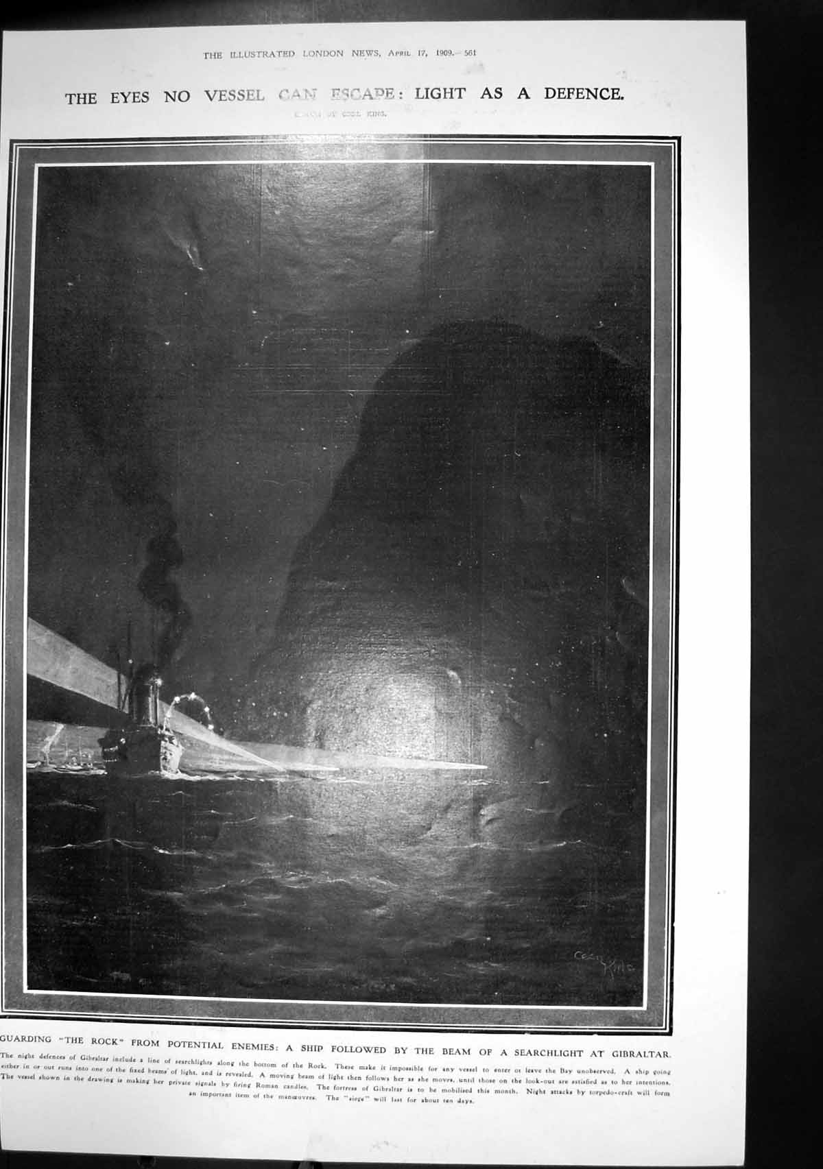 Antique Old Print Guarding Rock Gibraltar Enemies Ship Beam Searchlight 1909