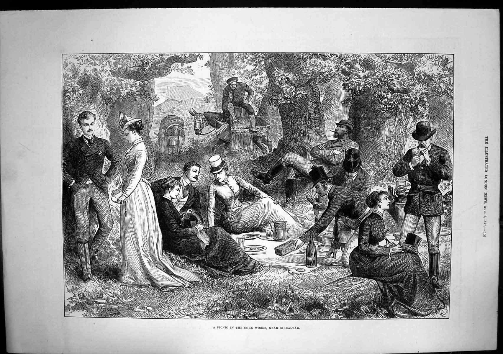 Old Print Picnic Cork Woods Near Gibraltar Well Dressed Ladies Gents 1877 19th