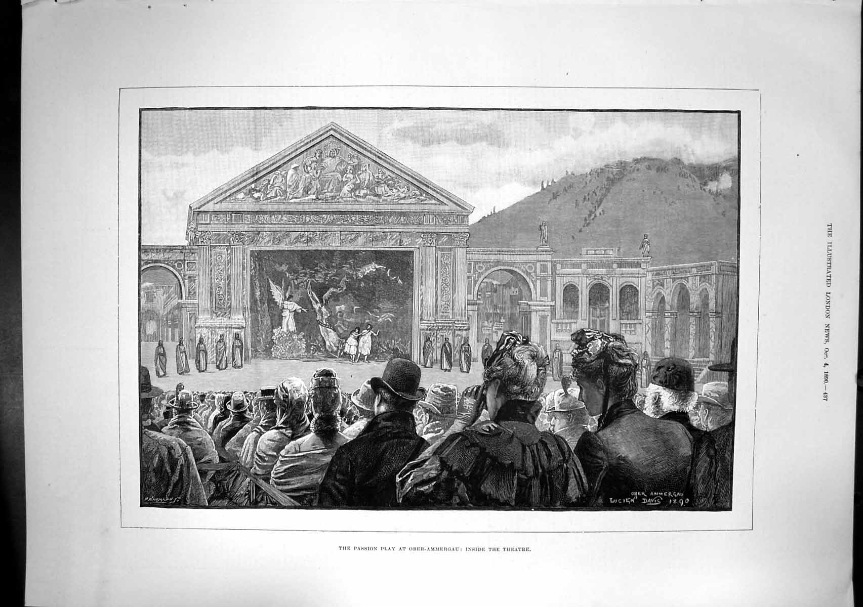 Antique Old Print Passion Play Ober Ammergau Inside Theatre Lucien Davis 1890