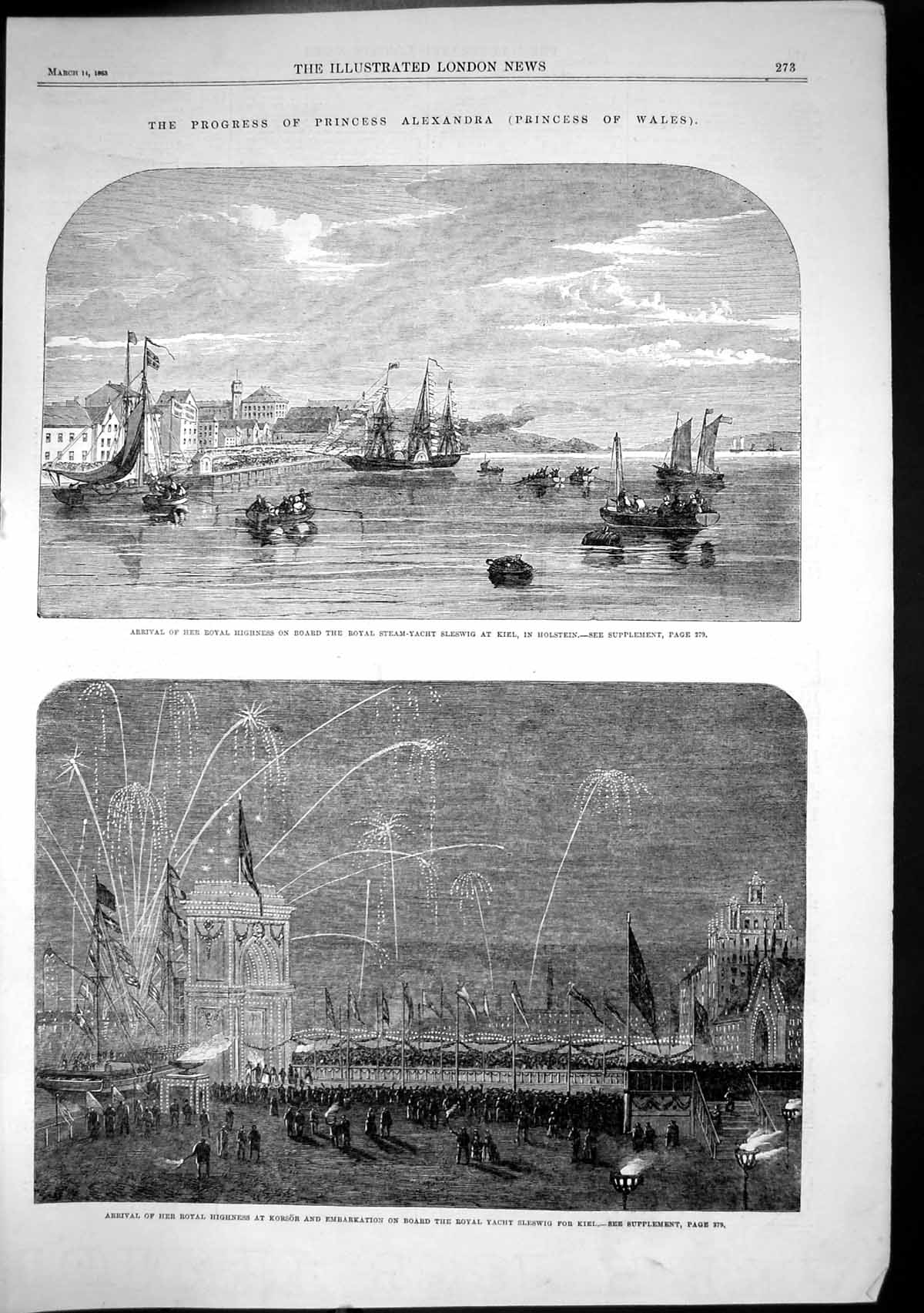 Antique Print Princess Alexandra Royal Steam Yacht Sleswig Kiel Korsor 1863