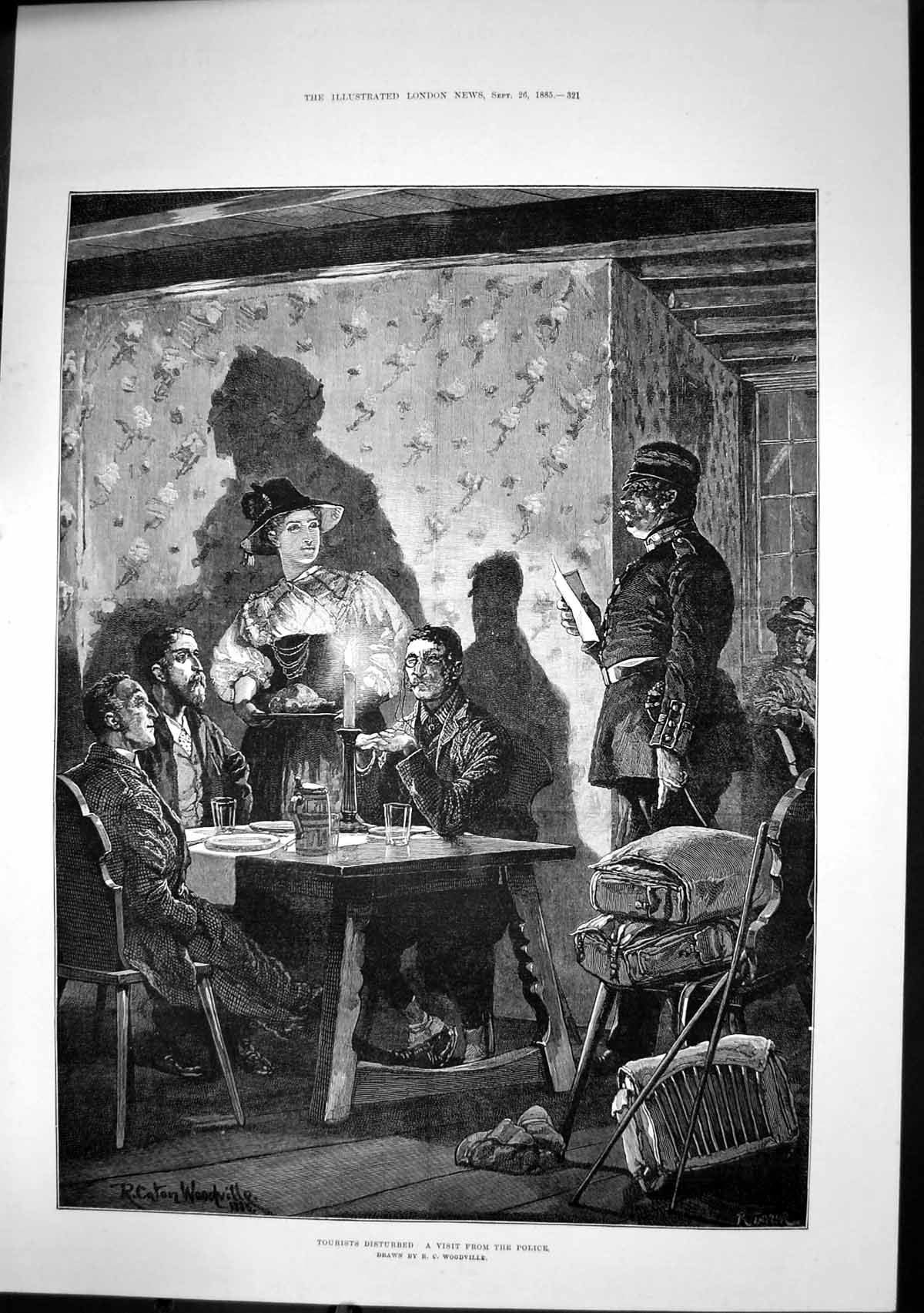 Old Antique Print Tourists Disturbed Visit From Police R C Woodville 1885 19th