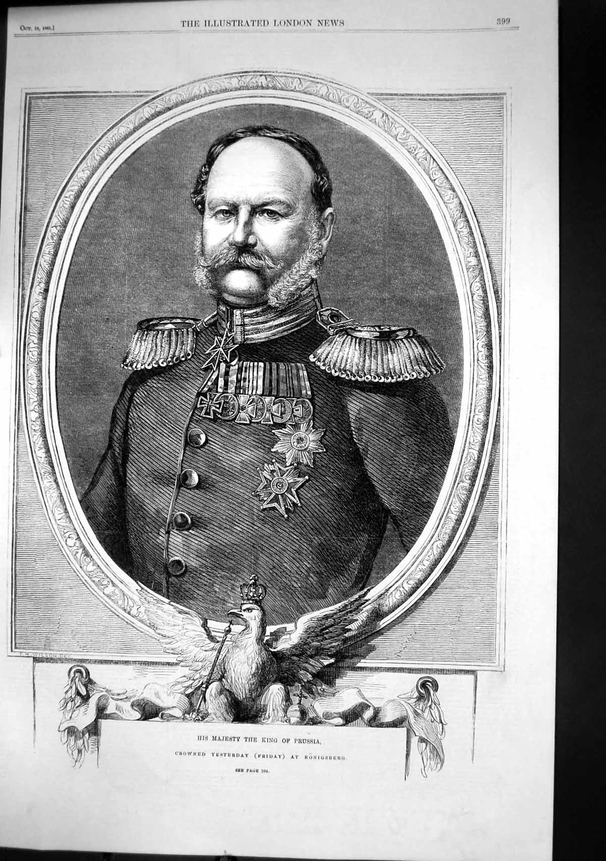 Original Old Antique Print His Majesty King Prussia Crowned Konigsberg 1861