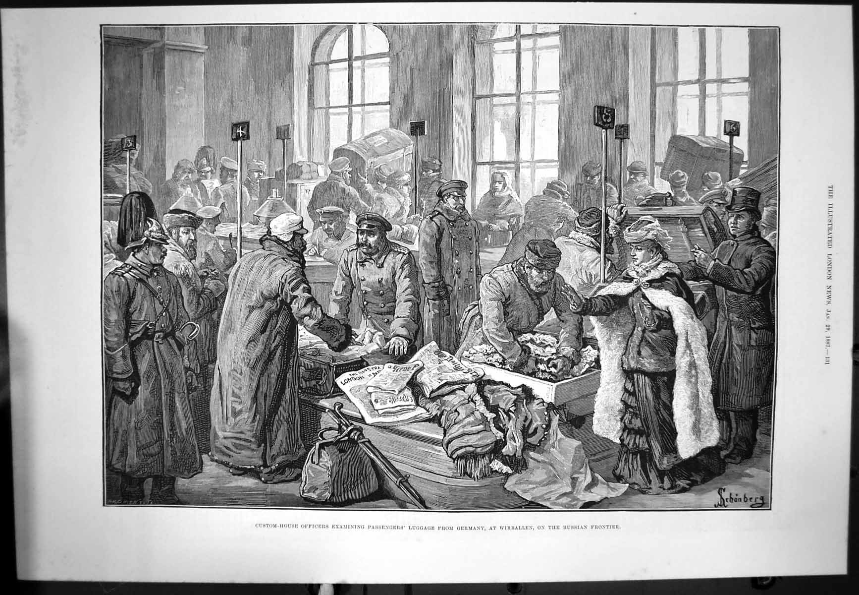 Old Antique Print Custom Ficers Examining Luggage Germany Wirballen 1887 19th
